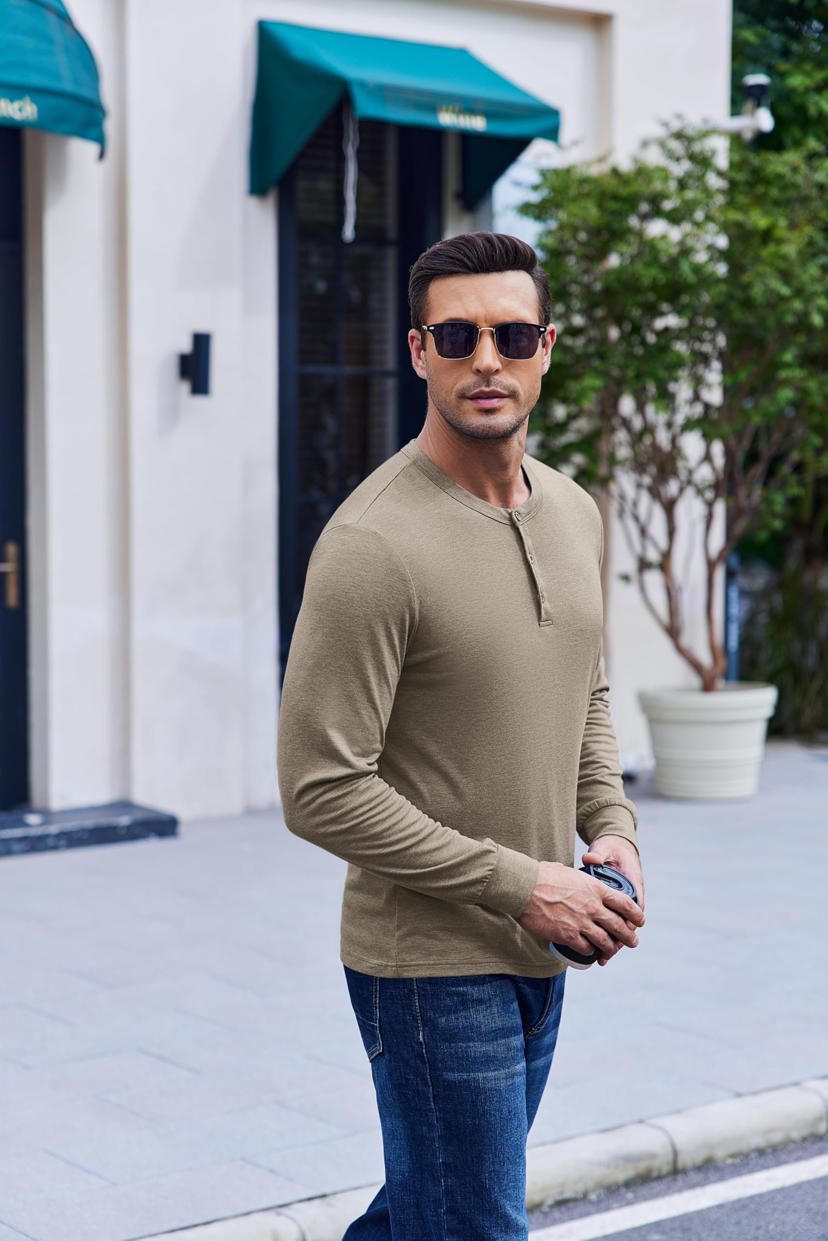 COOFANDY Men's Henley Shirts Long Sleeve Casual Vintage T-Shirt Lightweight Soft Stretch Tees Fall Henley Pullover Tops Khaki - Medaid International