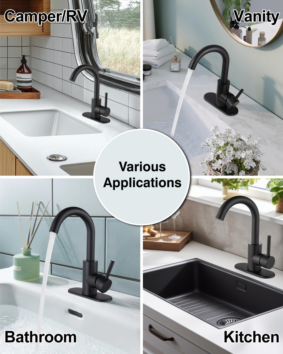 Midanya Matte Black Bathroom Sink Faucet Deck Mount SUS304 Stainless Steel Lavatory Mixer Tap 1 Hole Single Handle with Cover Plate Include Pop Up Drain with Overflow Commercial