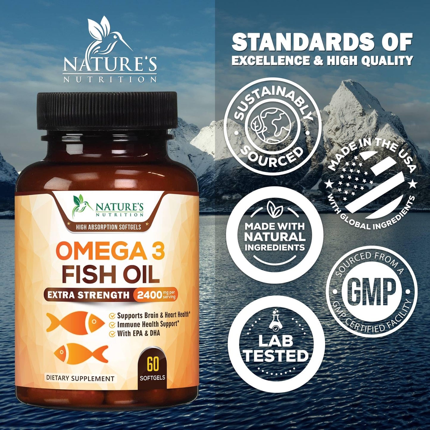 Omega 3 Fish Oil 2400 mg – Triple Strength EPA & DHA Fatty Acids for Heart, Brain & Joint Support – Wild-Caught, Burpless, Lemon Flavor Supplement – Natural, Non-GMO, Gluten-Free – 60 Softgels - Medaid International