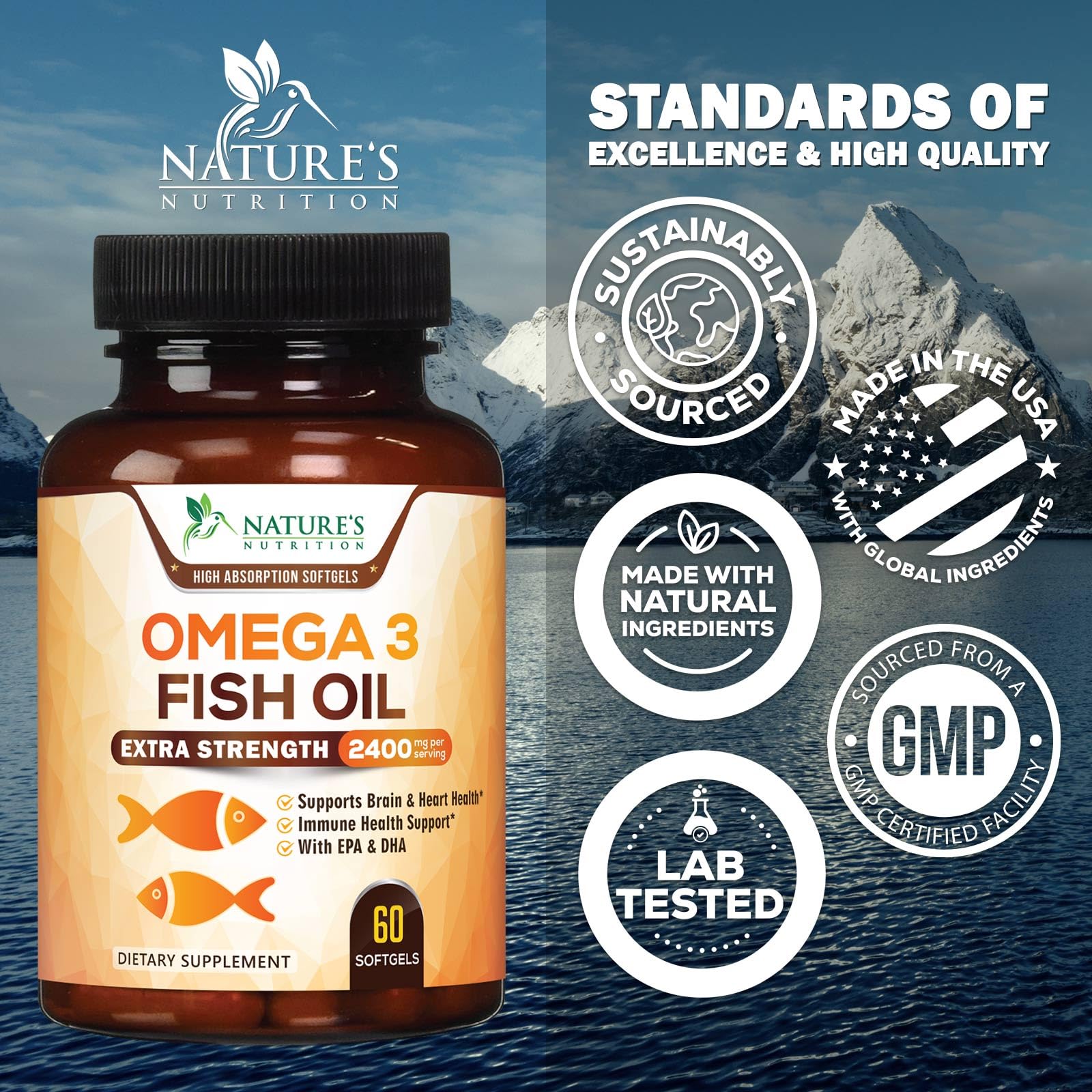 Omega 3 Fish Oil 2400 mg – Triple Strength EPA & DHA Fatty Acids for Heart, Brain & Joint Support – Wild-Caught, Burpless, Lemon Flavor Supplement – Natural, Non-GMO, Gluten-Free – 60 Softgels - Medaid International