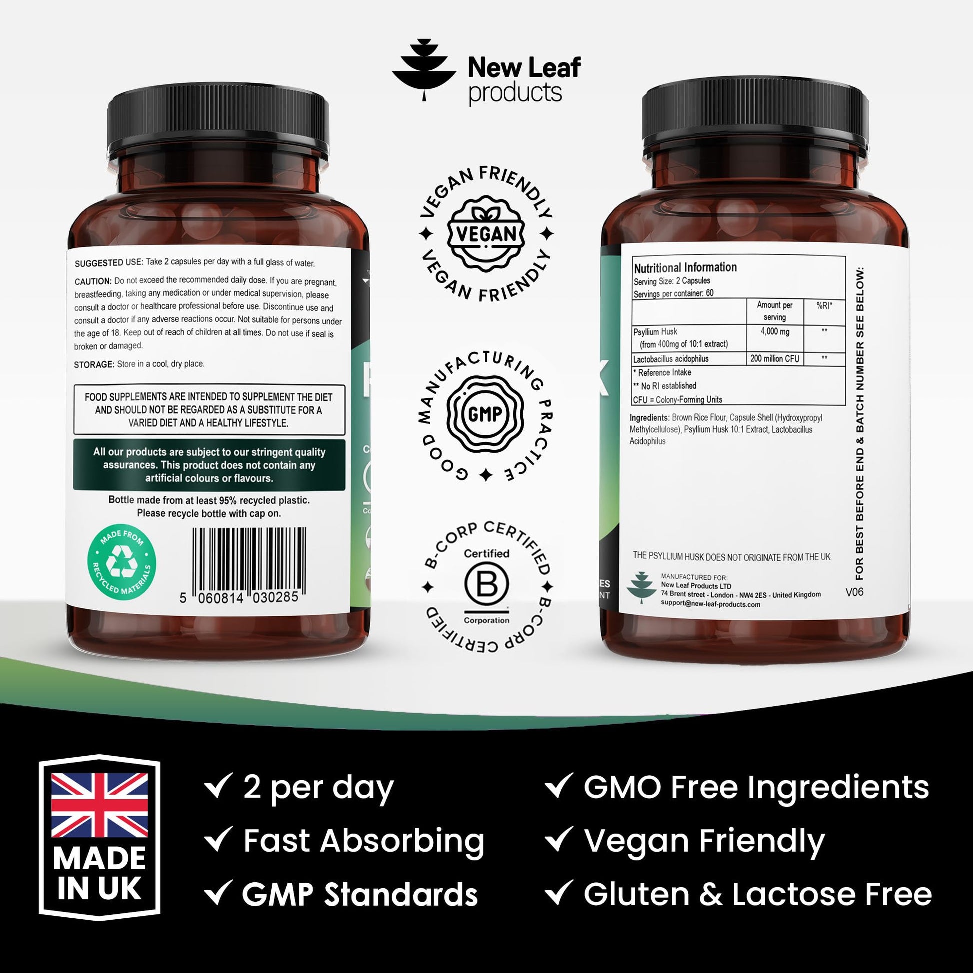Psyllium Husk Capsules Enriched With Probiotics Fibre Supplement High Absorbency Strength Contributes Towards Gut And Digestive Health from Plantago Ovata Seeds, Ispaghula Husk, Gluten-Free Made in UK - Medaid International