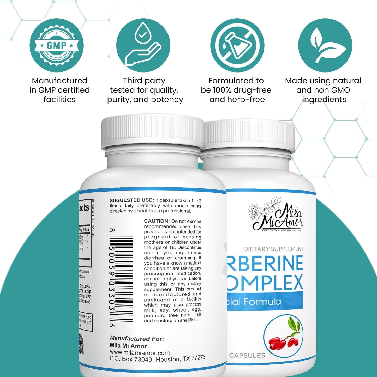 Mila Miamor Berberine Complex HCL 500mg - Special Berberine Supplement with Melon Fruit & Banaba Leaf - Non-GMO, Made in USA - Heart, Cognitive & Gastrointestinal Health - 60 Capsules - Medaid International