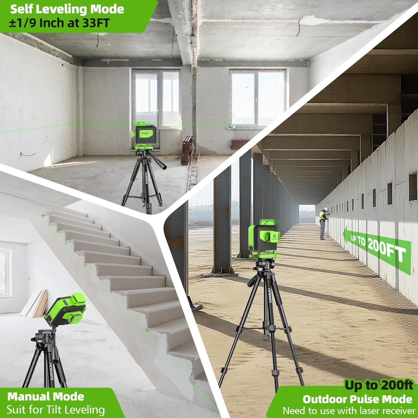Huepar Laser Level 4x360 Self Leveling with 60" Tall Tripod, 4D Green Cross Line Lazer Leveler Tool with Outdoor Pulse Mode, 16 Lines Great for Tiling, Ceiling, Wall Work & DIY Home Renovation - Medaid International