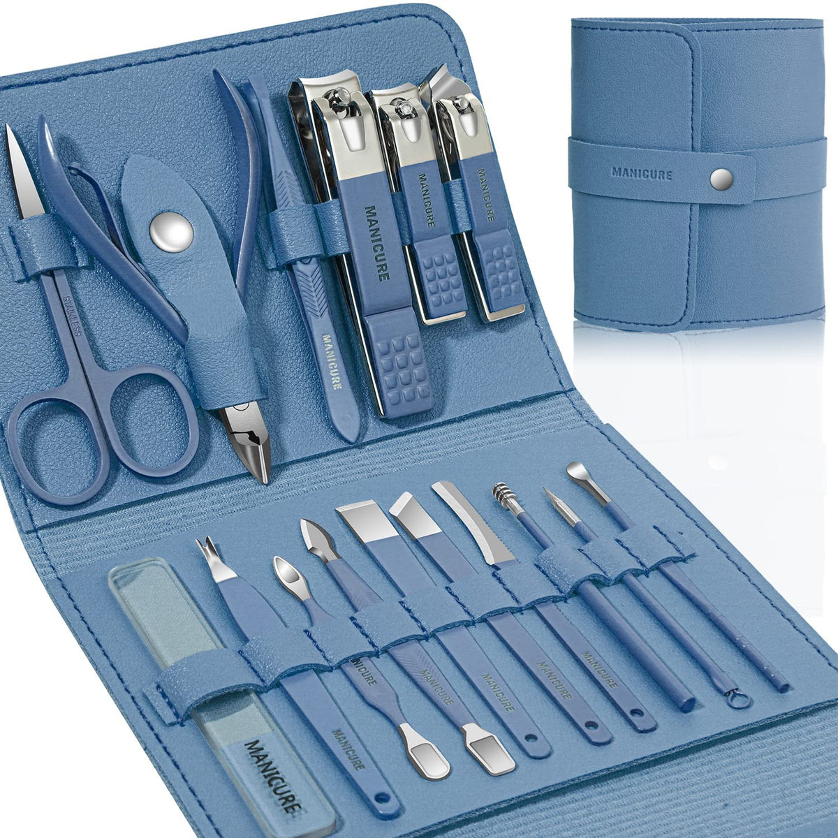 TERRIFI Manicure Set, Professional Nail Clippers Pedicure Kit, Stainless Steel Nail Care Tools, Grooming Kit with Luxurious Travel Leather Case for Thick Nails Men Women Gift (16PCS, Blue)