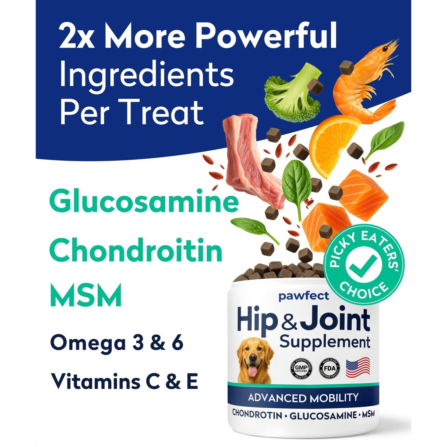 PAWFECTCHEW Glucosamine Dog Treats for Picky Eaters - Joint Supplement w/Chondroitin, MSM, Omega-3 - Joint Pain Relief - Advanced Formula - Chicken Flavor - 180 Ct - Made in USA