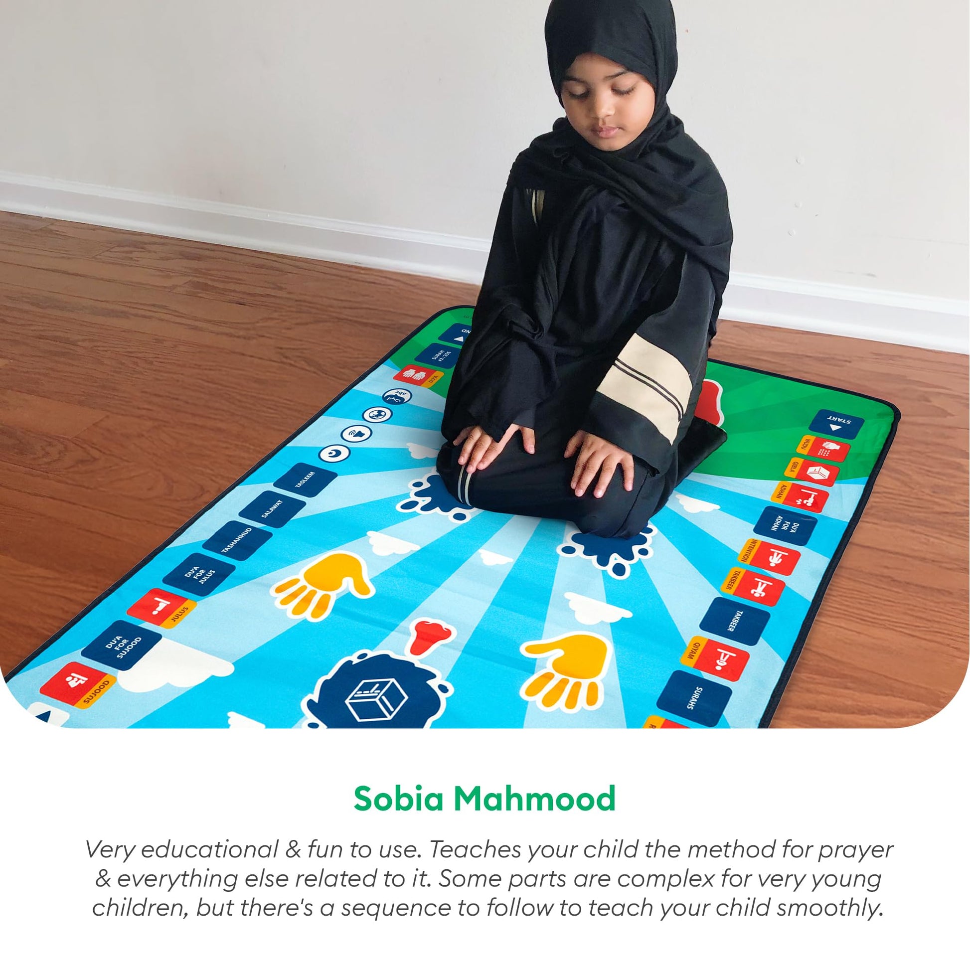 My Salah Mat for Kids - Smart interactive Prayer Mat for learning Salah, Surah, Wudu and Duas - Islamic prayer mat with 10 languages, Salah Translation, 25 Touch Keys and padded mat for Kids 3+ (Blue) - Medaid International