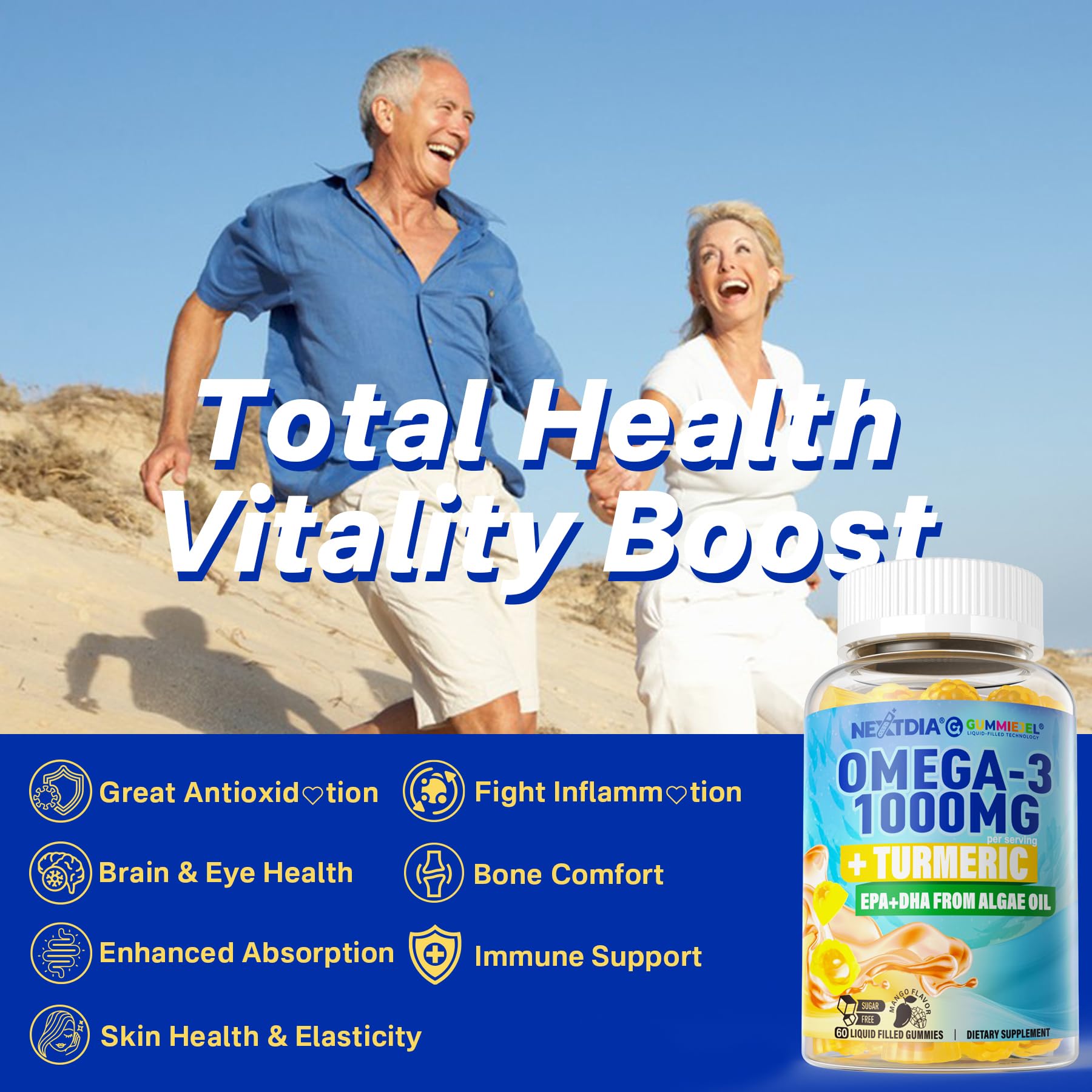 Vegan Omega-3 Gummies 1000mg + Turmeric - Omega 3 Fish Oil Alternative for Adults - Algae DHA 600mg & EPA 300mg, Vitamins A, C, E, Zinc & MSM, Sugar Free, 60 Cts - Medaid International