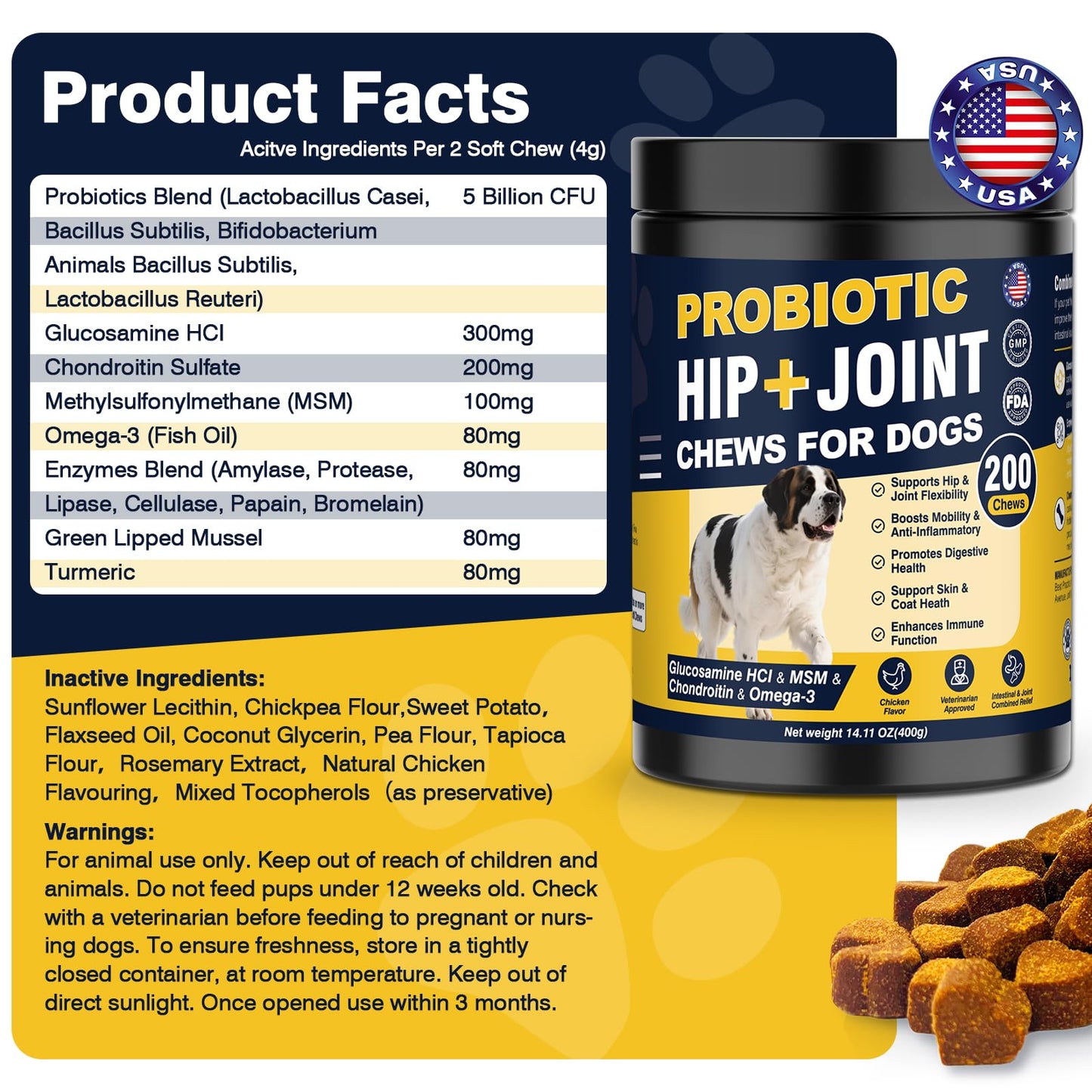 Hip and Joint Supplement for Dogs Dog Probiotics Glucosamine Chondroitin MSM Chew for Dog Arthritis Pain Relief Extend Joint Care, Probiotic for Digestive/Gut Health for Large/Small/Senior Breed Dogs