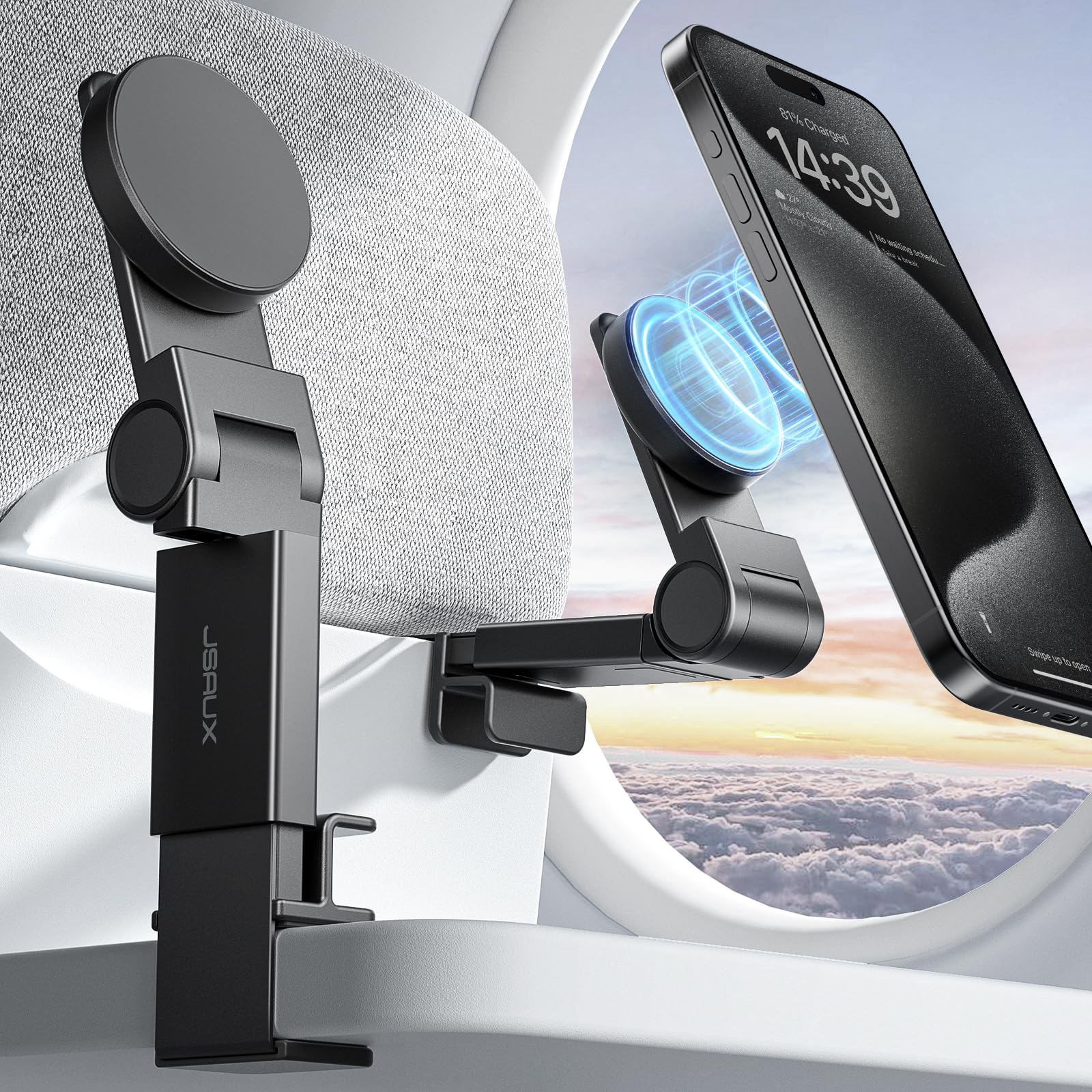 JSAUX Airplane Phone Holder Mount, Travel Essentials for Magsafe Accessories, Magnetic Plane Phone Holder, Travel Accessories Must Haves for Airplane for iPhone 16/15/14/13/12 - Medaid International