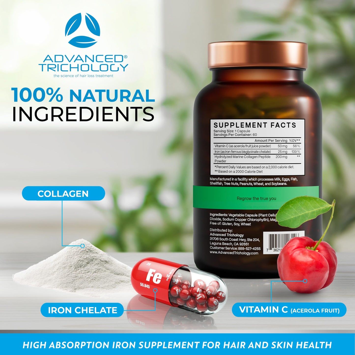 Derma-Iron Supplement for Women and Men - Iron blood builder pills for hair and skin with Collagen and natural Vitamin C, low iron and ferritin, thinning hair, hair loss support - Medaid International