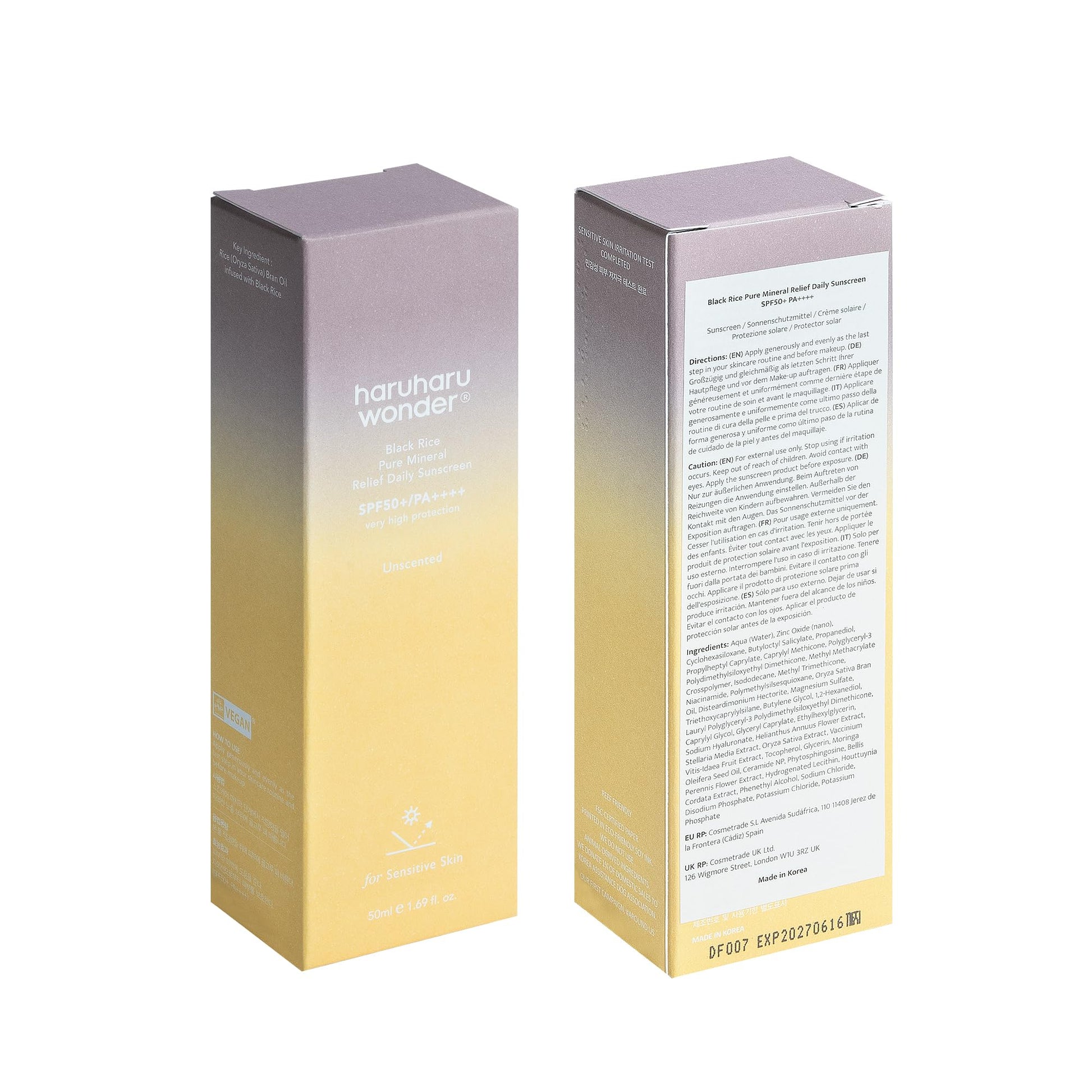 Haruharu Wonder Black Rice Pure Mineral Relief Daily Sunscreen, SPF50+/PA++++, Broad Spectrum UVA/UVB, Octinoxate & Oxybenzone Free, Hyaluronic Acid, Niacinamide (50ml / 1.69fl.oz) - Medaid International