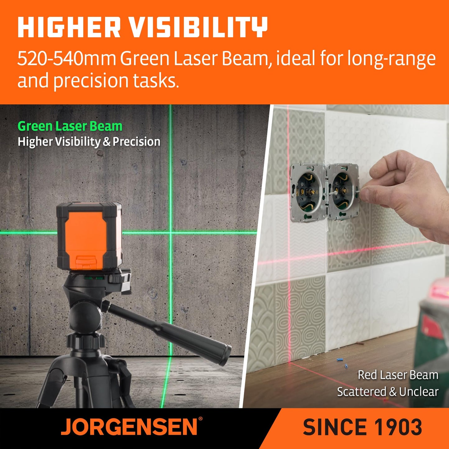 JORGENSEN Laser Level with Tripod, 65 FT Self Leveling Cross Line Laser Leveler Tool with 360° Magnetic Base, Green Laser Level for Picture Hanging, Home Renovation, Indoor Project - Medaid International