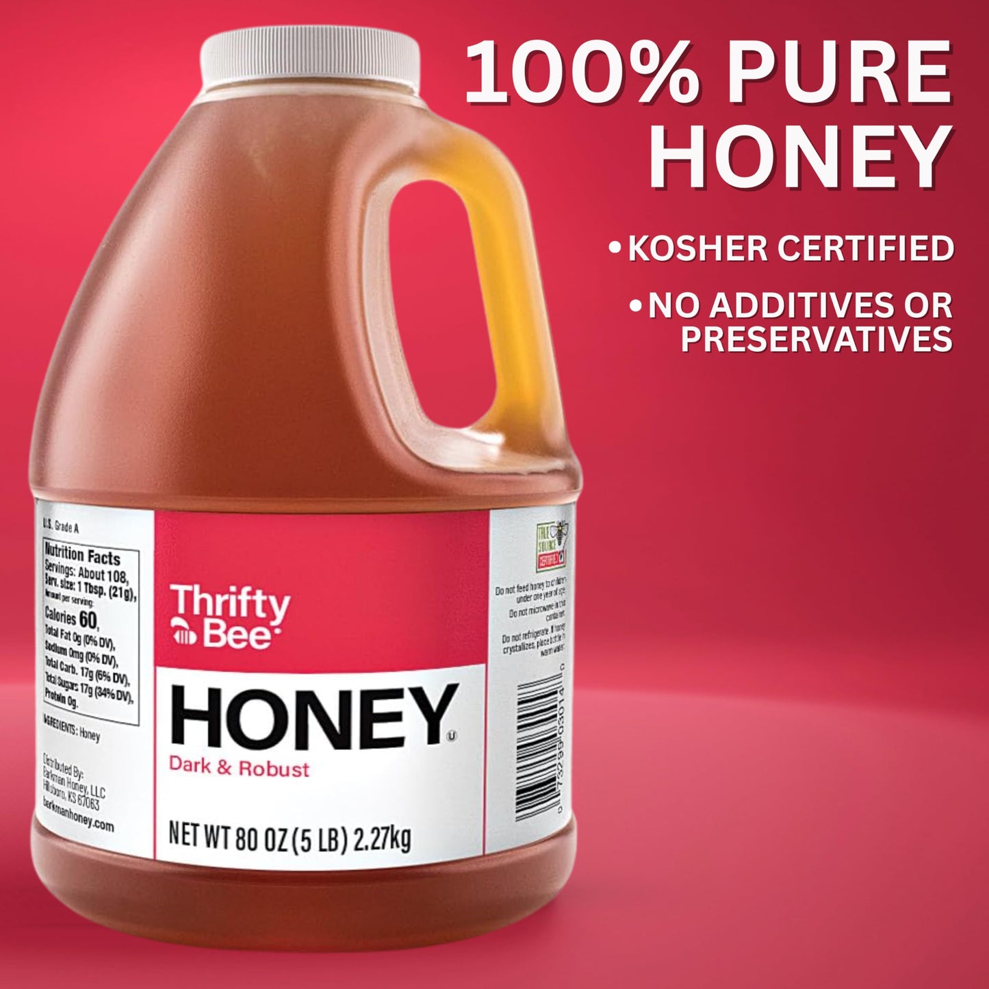 Thrifty Bee Honey, 80 Ounce (5 LB) Large Bulk Honey Jug - Medaid International