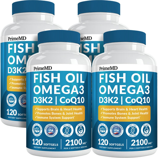 5-in-1 Fish Oil Omega 3 Fatty Supplements (2100mg) - Omega 3 Fish Oil with Vitamins D3 K2 and CoQ10 - Lemon Flavored (120 softgels, Pack of 4) - Medaid International