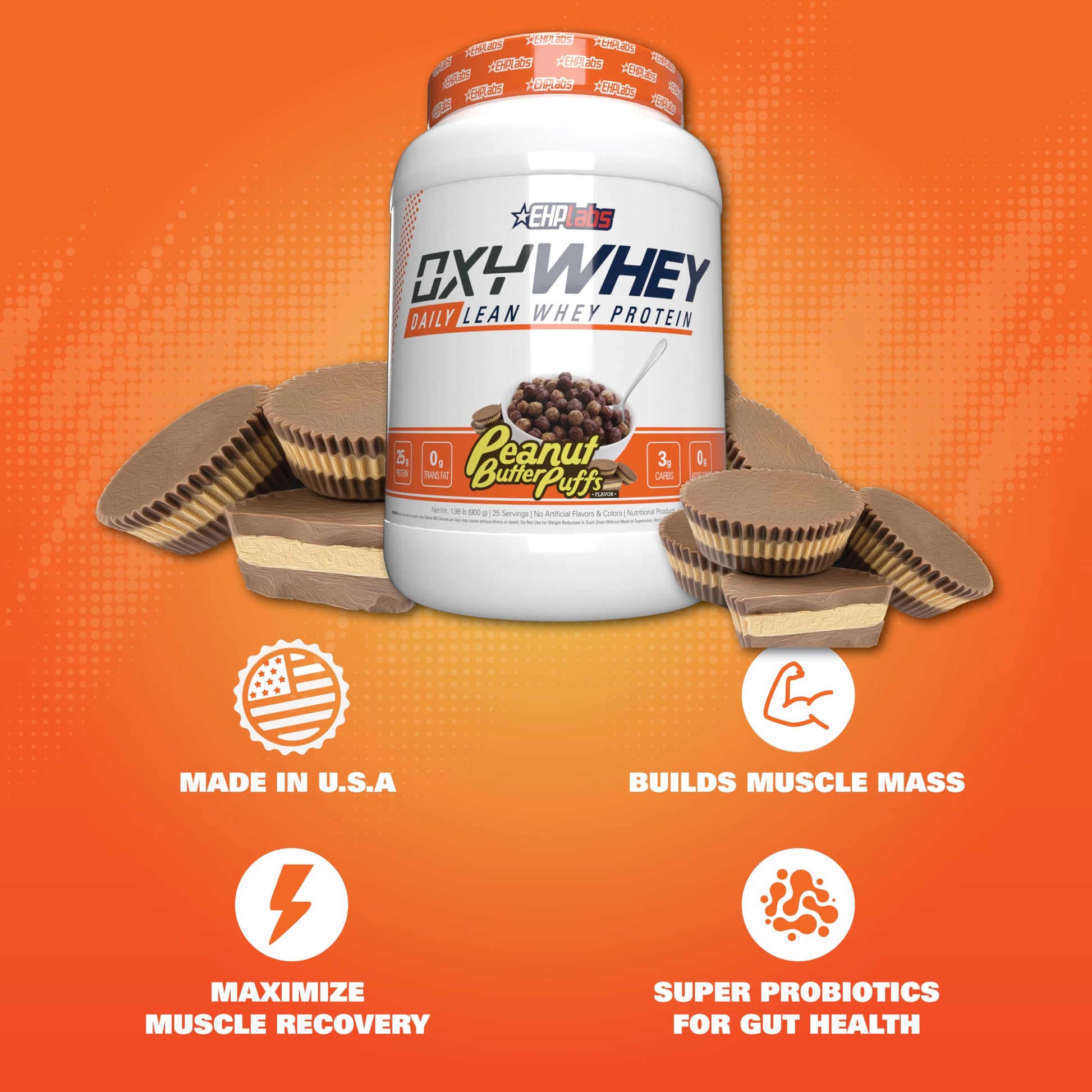 EHP Labs OxyWhey Whey Protein Isolate – 25g High Protein, Low Carb, Sugar Free Meal Replacement – Lean Whey Powder for Muscle Recovery – Non-GMO, Gluten Free – 25 Serves – Peanut Butter Puffs - Medaid International