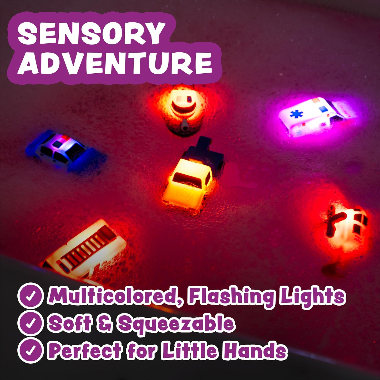 Tub Works® Emergency™ Cars Light Up Bath Toys, 6 Pack | Water-Activated Light Up Toys Flash & Change Color | Soft, Squeezable Baby & Toddler Bath Toys | Sensory Toys with Bath Lights for Kids Bath - Medaid International