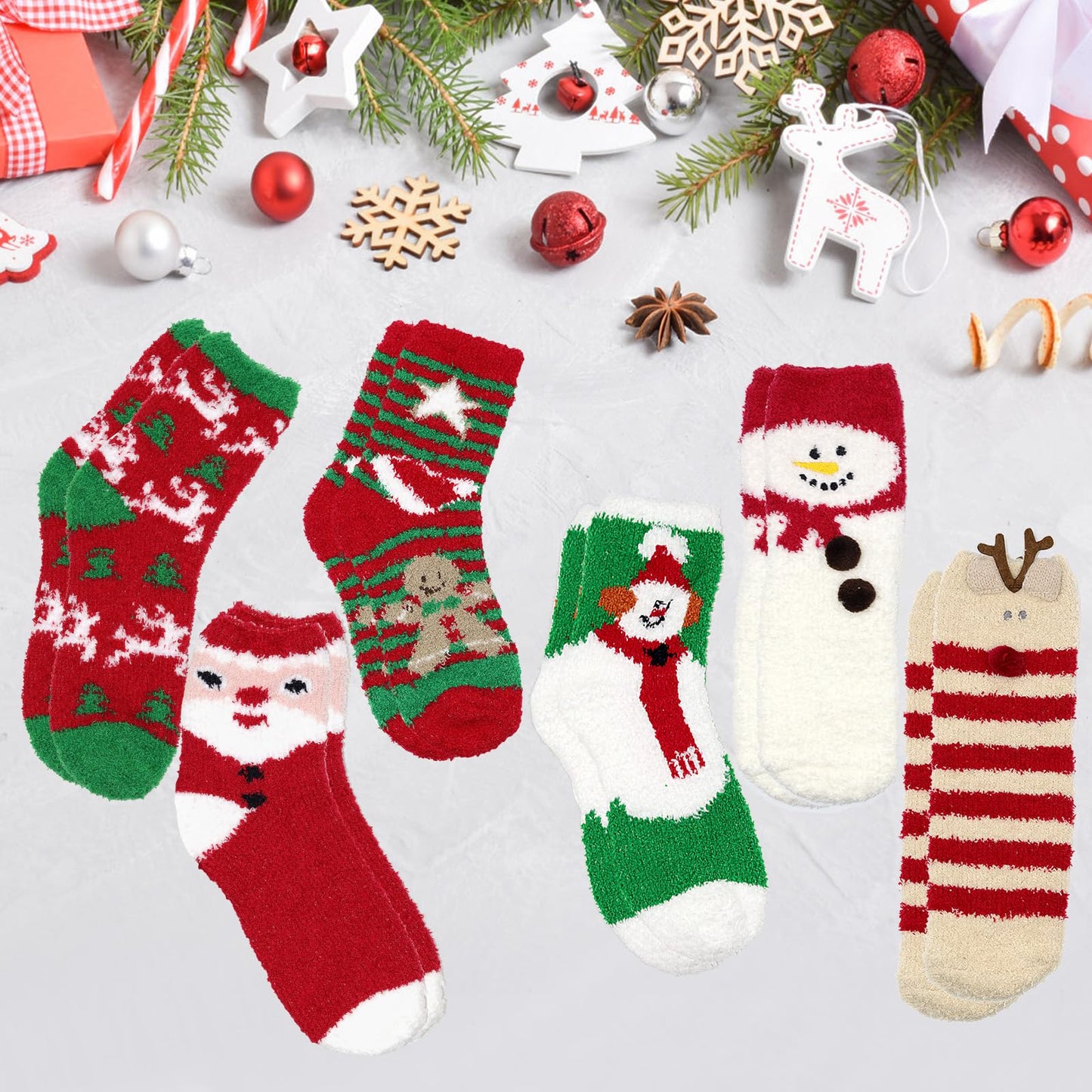 Fuzzy Christmas Socks - 6 Pairs Cozy Warm Fluffy Plush Bed Socks for Women, Girls - Cute Coral Fleece Xmas Indoor - Medaid International