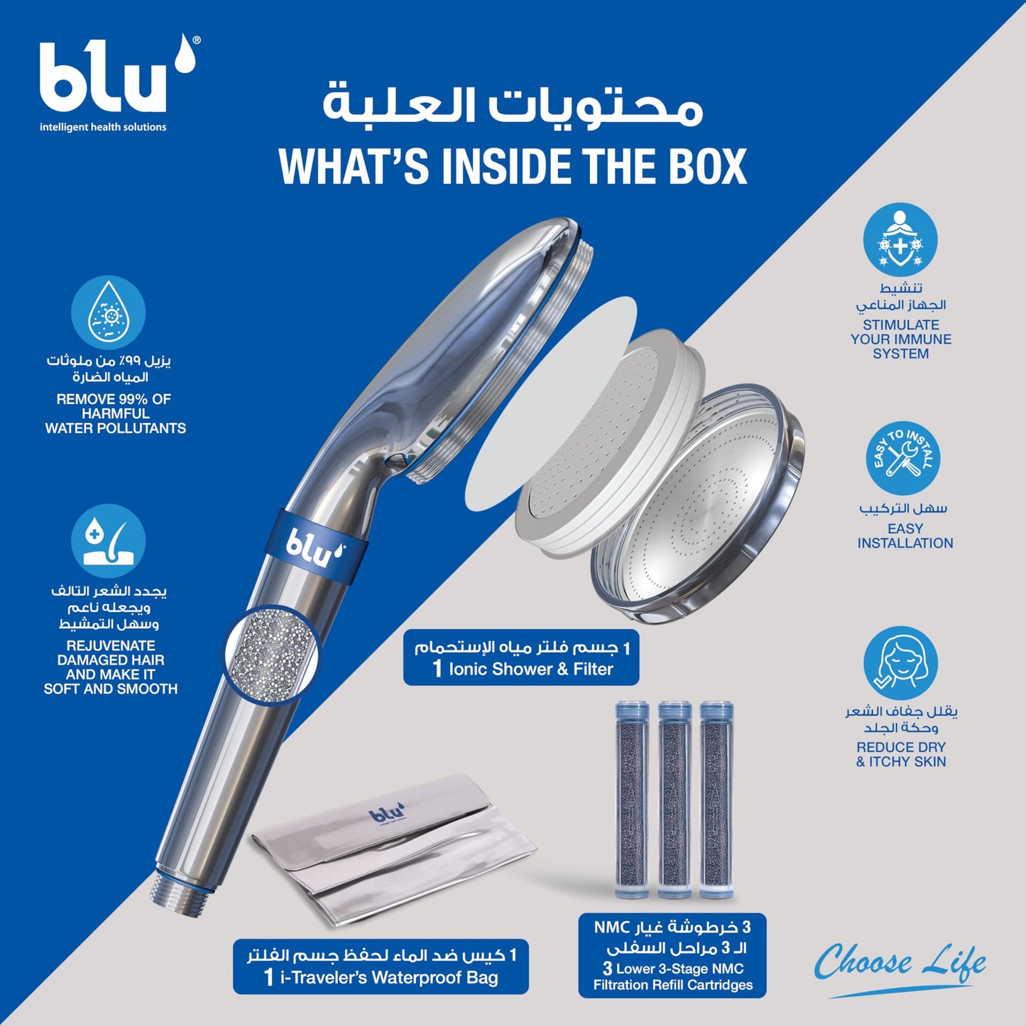 Blu Ionic Shower Filter - Skin & Haircare - Removes Chlorine & Harmful Pollutants - Prevent Hair Loss & Moisturize Your Skin - Handheld - Chrome
