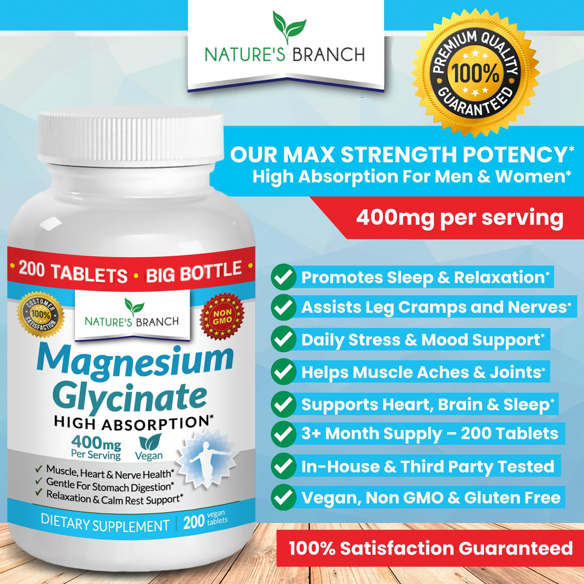 Magnesium Glycinate 400 mg - 200 Tablets - High Absorption, Non Buffered Bisglycinate Mag Supplement for Sleep, Leg Cramps, Heart, Ease Muscles, Calm Headaches for Women and Men, Non Powder Capsules - Medaid International