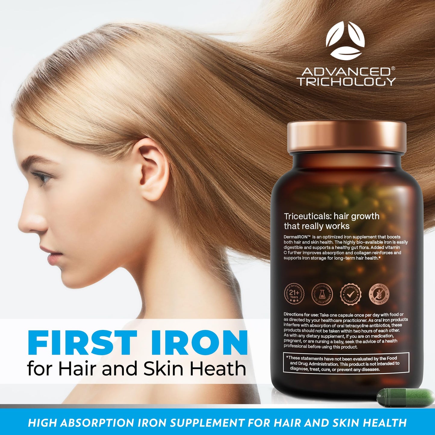Derma-Iron Supplement for Women and Men - Iron blood builder pills for hair and skin with Collagen and natural Vitamin C, low iron and ferritin, thinning hair, hair loss support - Medaid International