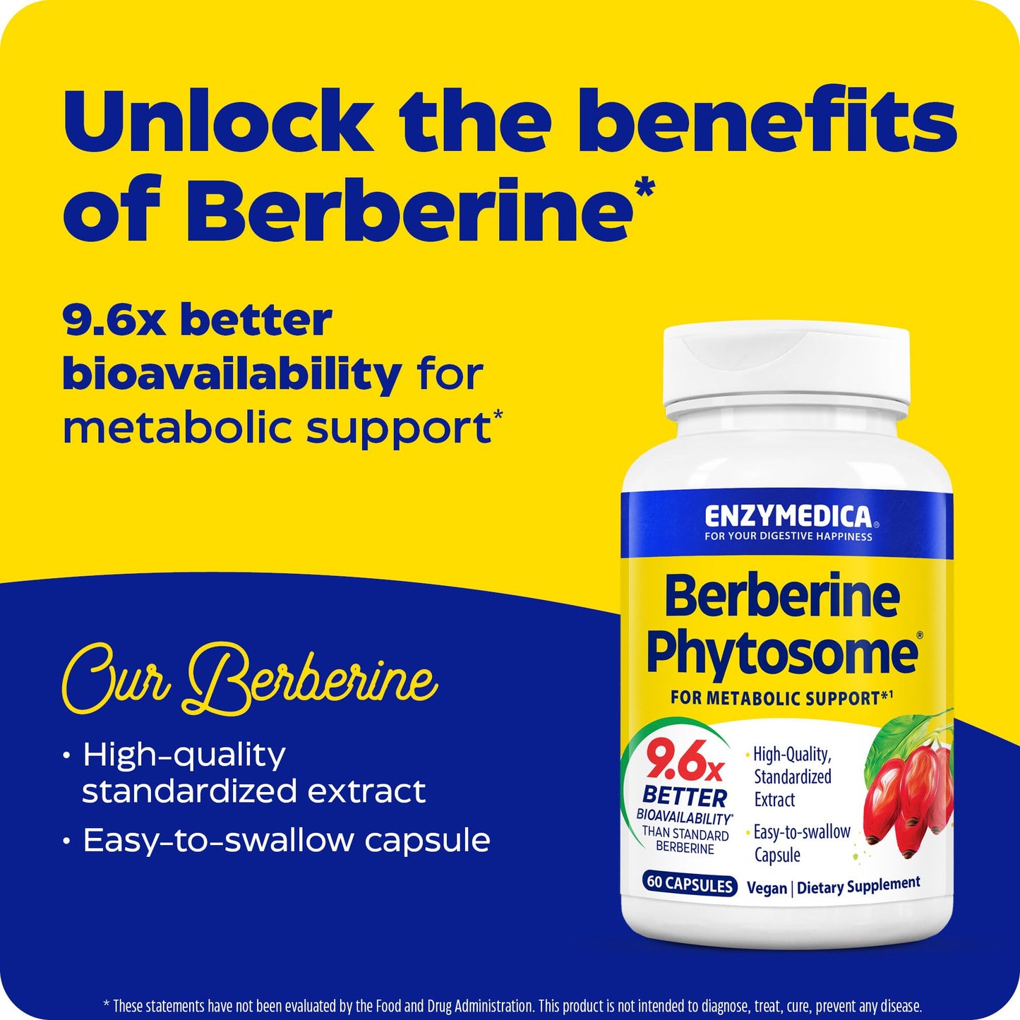 Enzymedica, Berberine Phytosome, 9.6X Better Bioavailability, High Potency Natural Vegan Dietary Supplement for Metabolic Support, 60 Capsules - Medaid International