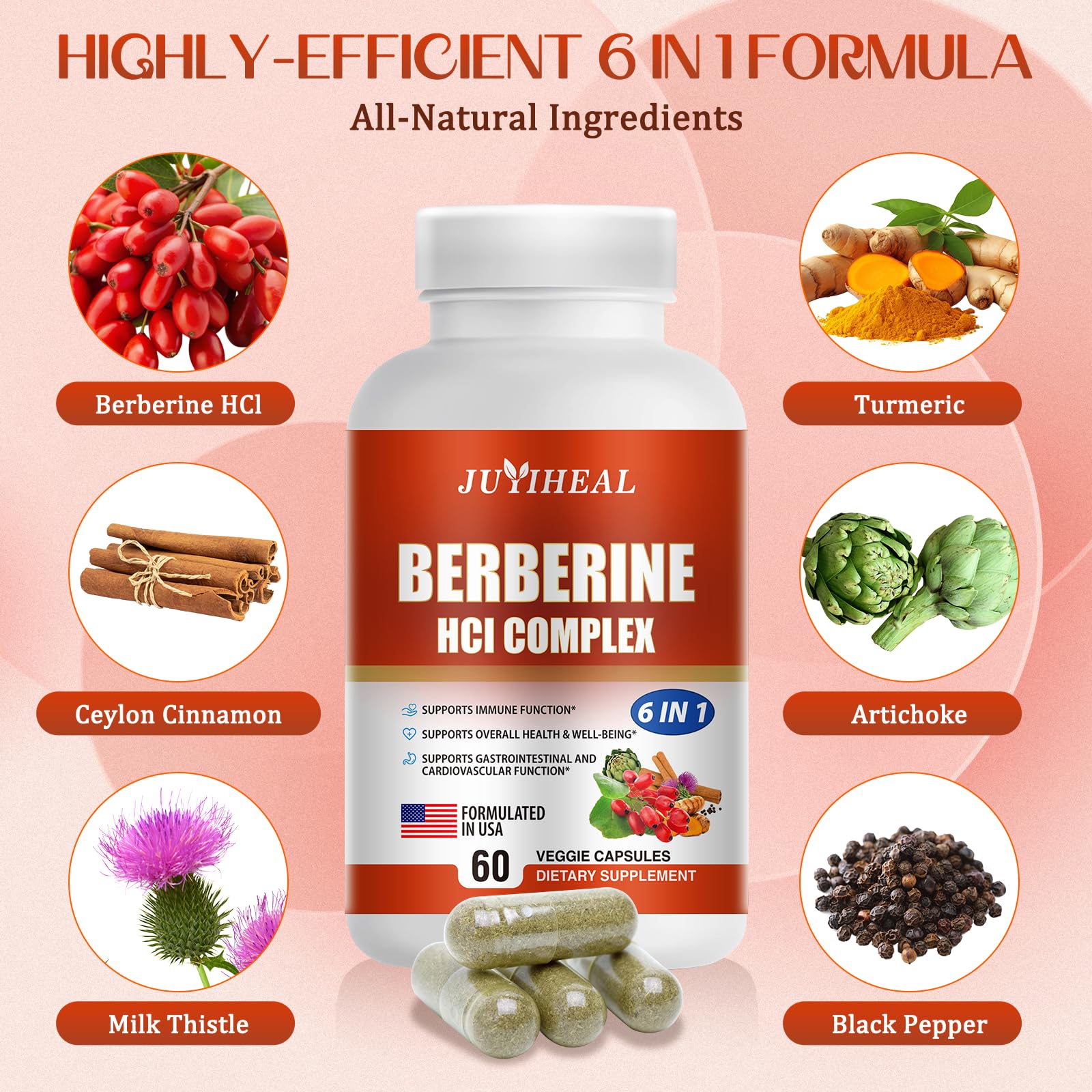 JUYIHEAL 2Pack Berberine with Ceylon Cinnamon, Turmeric, Milk Thistle, Artichoke, Black Pepper, Berberine Supplement for Support Immune System - 120 Capsules Berberine HCI - Medaid International