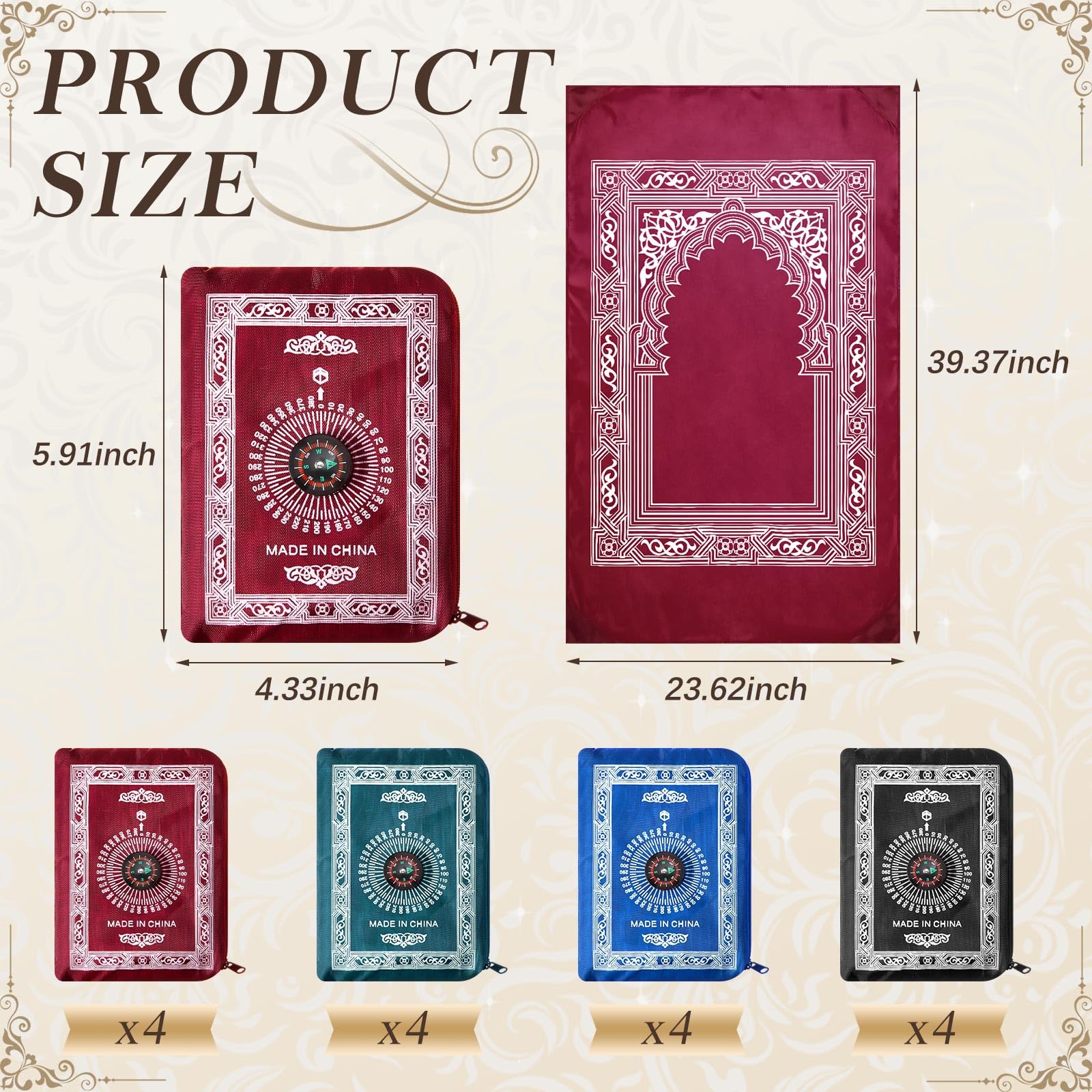 Mindsoft 16 Pcs Portable Travel Prayer Mat with Compass Islamic Waterproof Polyester Praying Rug with Pocket Sized Carry Bag for Muslim Ramada Eid Gifts (60 cm x 100 Cm) - Medaid International