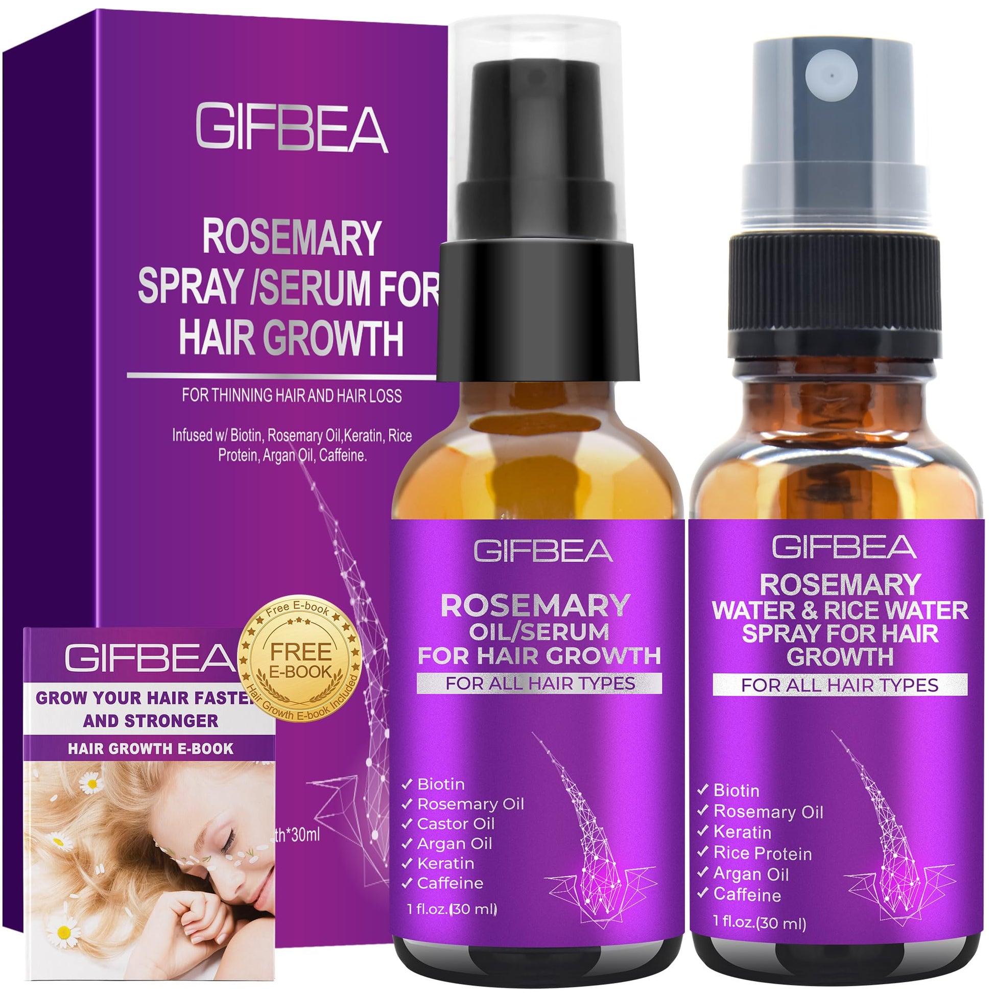 Rosemary Oil Hair Growth Serum W/Rosemary Water & Rice Water Spray Hair Growth,Biotin Castor Oil Argan Oil Caffeine Keratin Reduce Hair Loss,Restore Dry Damaged Hair Regrowth Treatments for Women Men - Medaid International