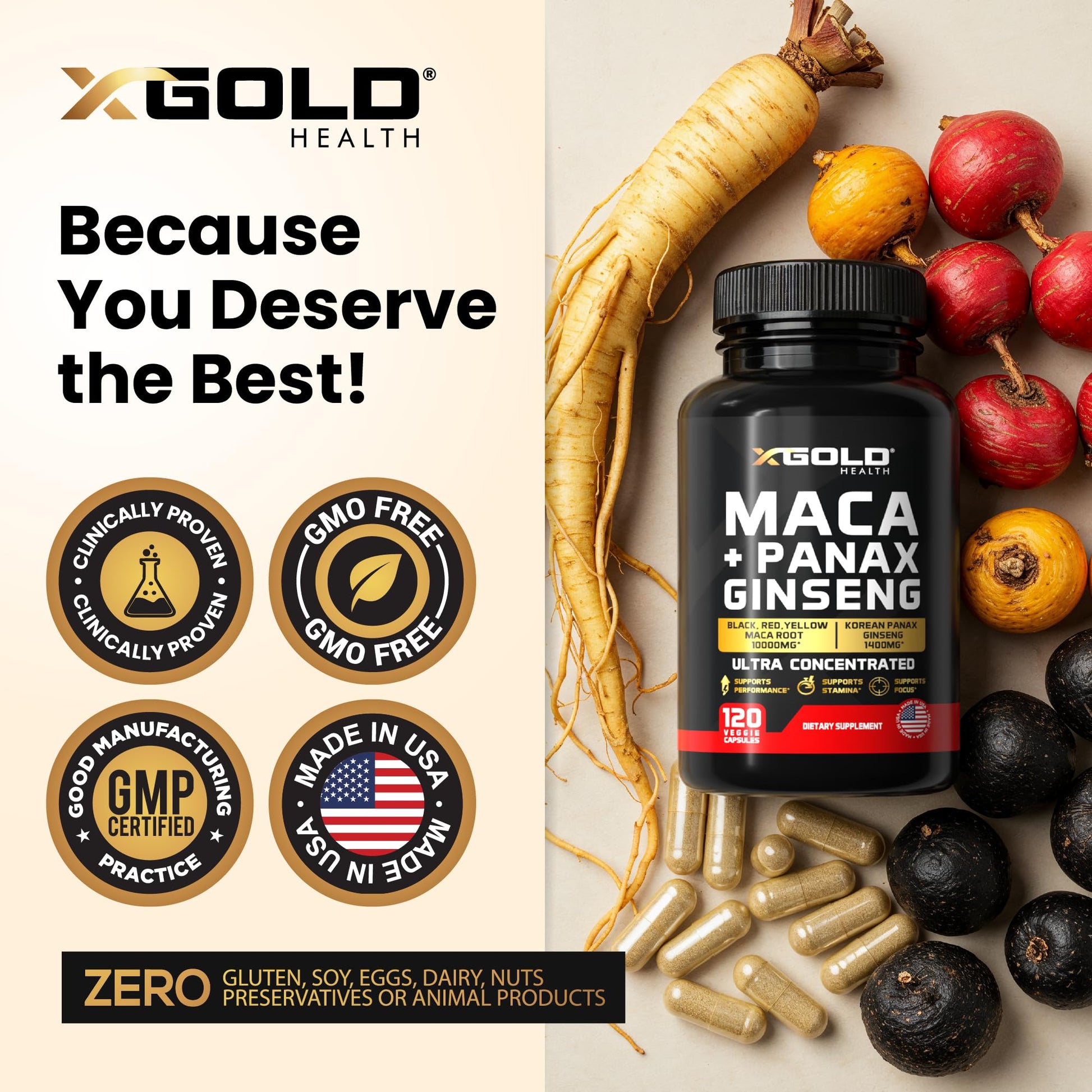 Maca Root Capsules 10,000mg + Korean Panax Ginseng 1,400mg - 20x Concentrated Extract Black + Red + Yellow Maca Root, 10x Concentrated Extract Panax Ginseng Capsules - Ultra Potent & Highly Purified - Medaid International