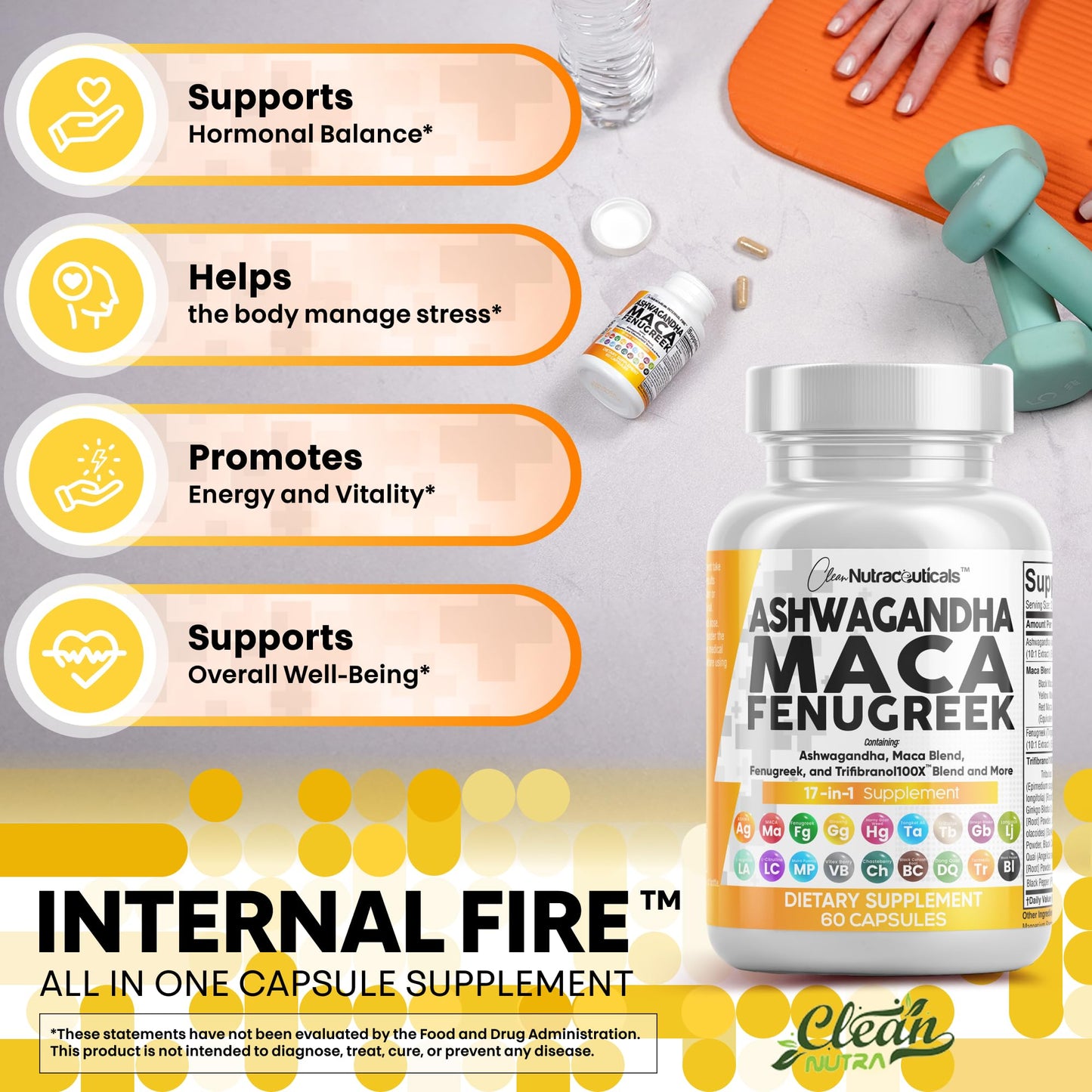 Clean Nutraceuticals Ashwagandha Maca Root Fenugreek Supplement with Tongkat Ali Ginseng - Assists with Stress, Mood & Thyroid - Ashwagandha Capsules Fenugreek Caps - 1 Pack - Medaid International