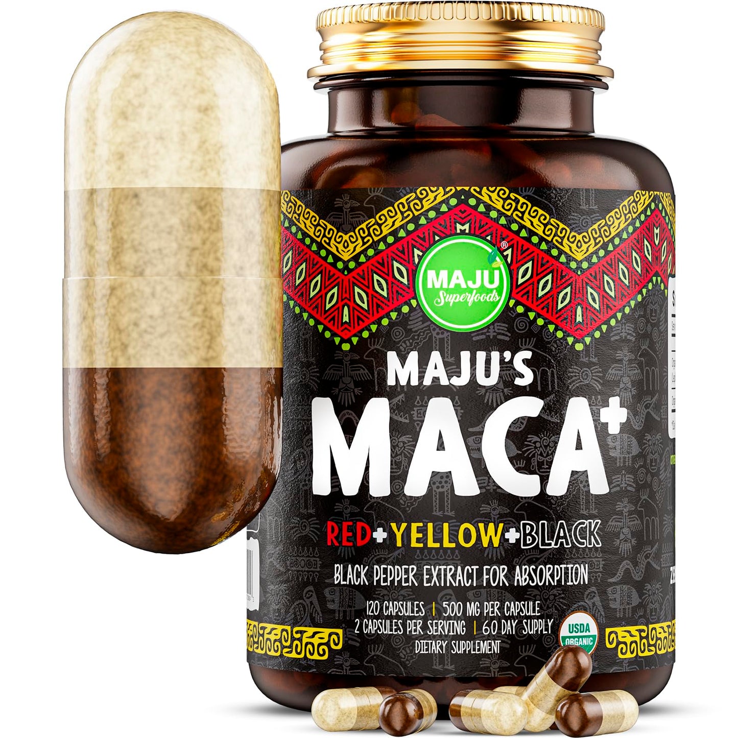Maju Superfoods 4-in-1 Maca Root Capsules, Organic Black, Yellow & Red Roots w Black Pepper Extract for Absorption (120 ct) | Peru Product, Peruvian Powder, Men & Women Supplement, 60,000 mg - Medaid International
