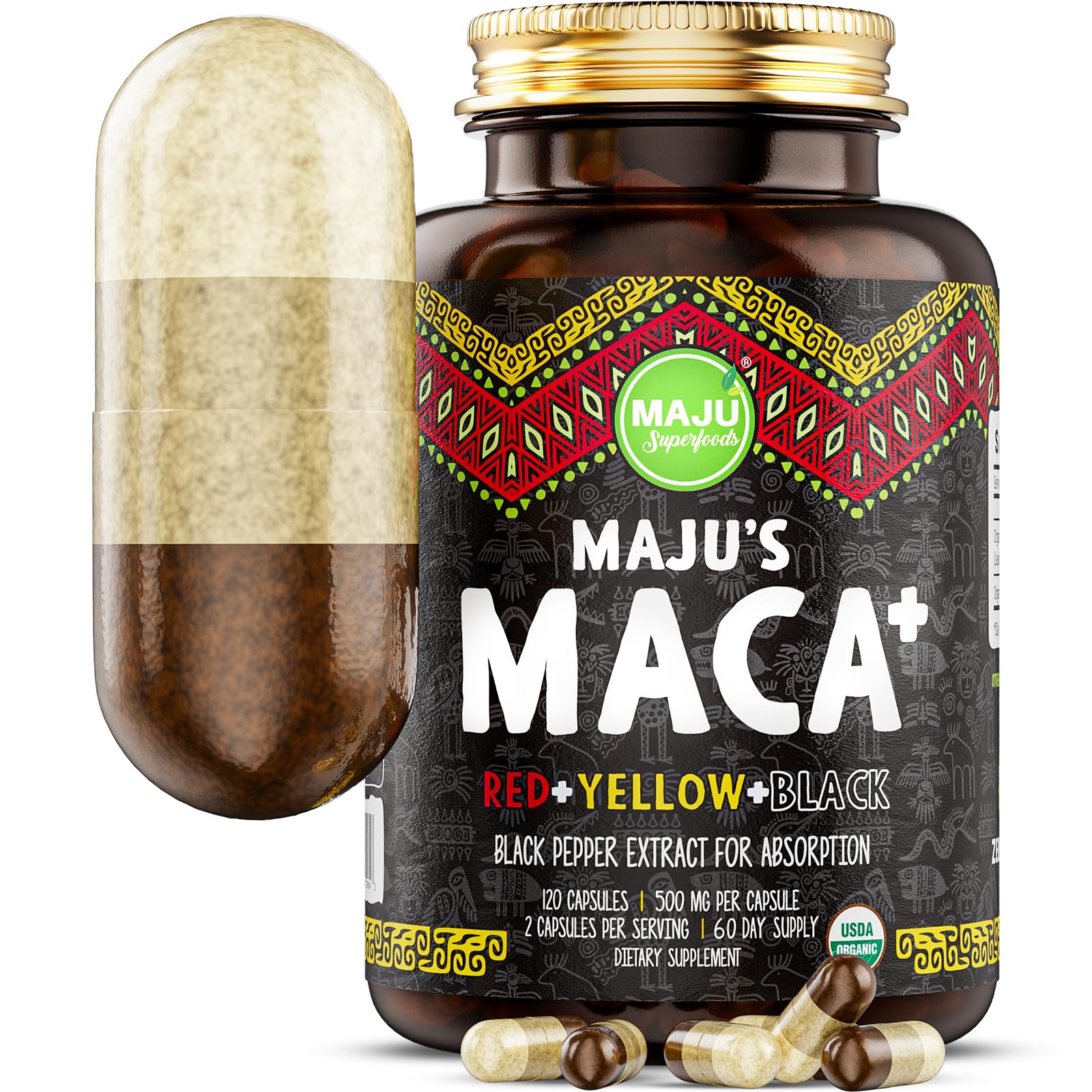 Maju Superfoods 4-in-1 Maca Root Capsules, Organic Black, Yellow & Red Roots w Black Pepper Extract for Absorption (120 ct) | Peru Product, Peruvian Powder, Men & Women Supplement, 60,000 mg - Medaid International