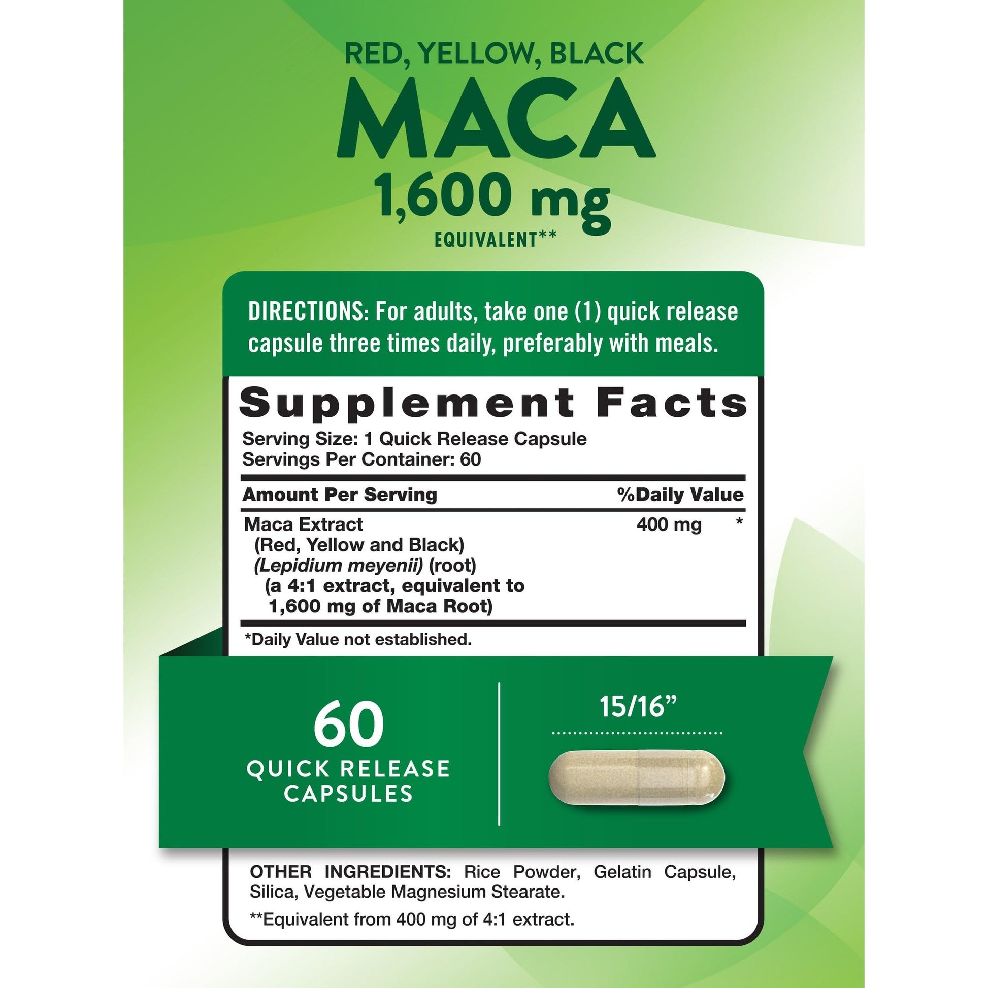 Nature's Truth Maca Root 1600 mg | 60 Quick Release Capsules | Red, Yellow, and Black | Performance Formula | Non-GMO & Gluten Free Supplement - Medaid International