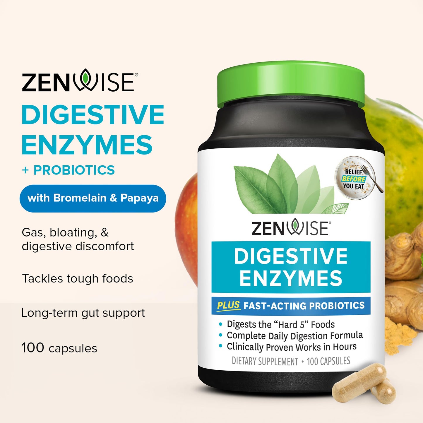 Zenwise Health Digestive Enzymes for Gut Health & Bloating Relief - Multi Enzymes Digestion Supplement with Probiotics, Bromelain & Papaya for Digestive Health Support - Men & Women - 100 Count - Medaid International