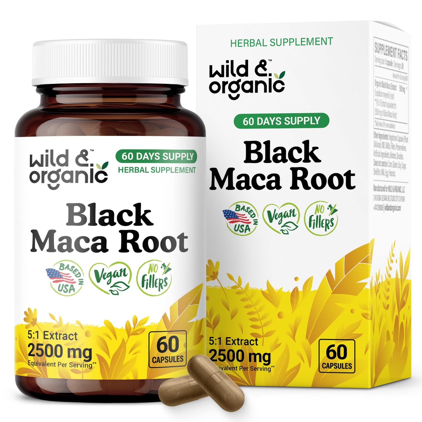 Wild & Organic Black Maca Root Capsules for Women & Men 500 mg - Maca Root Extract for Overall Support - 60 Vegan Capsules - Men & Women Supplement - 60 Days Supply - Non-GMO, No Fillers, Gluten-Free - Medaid International