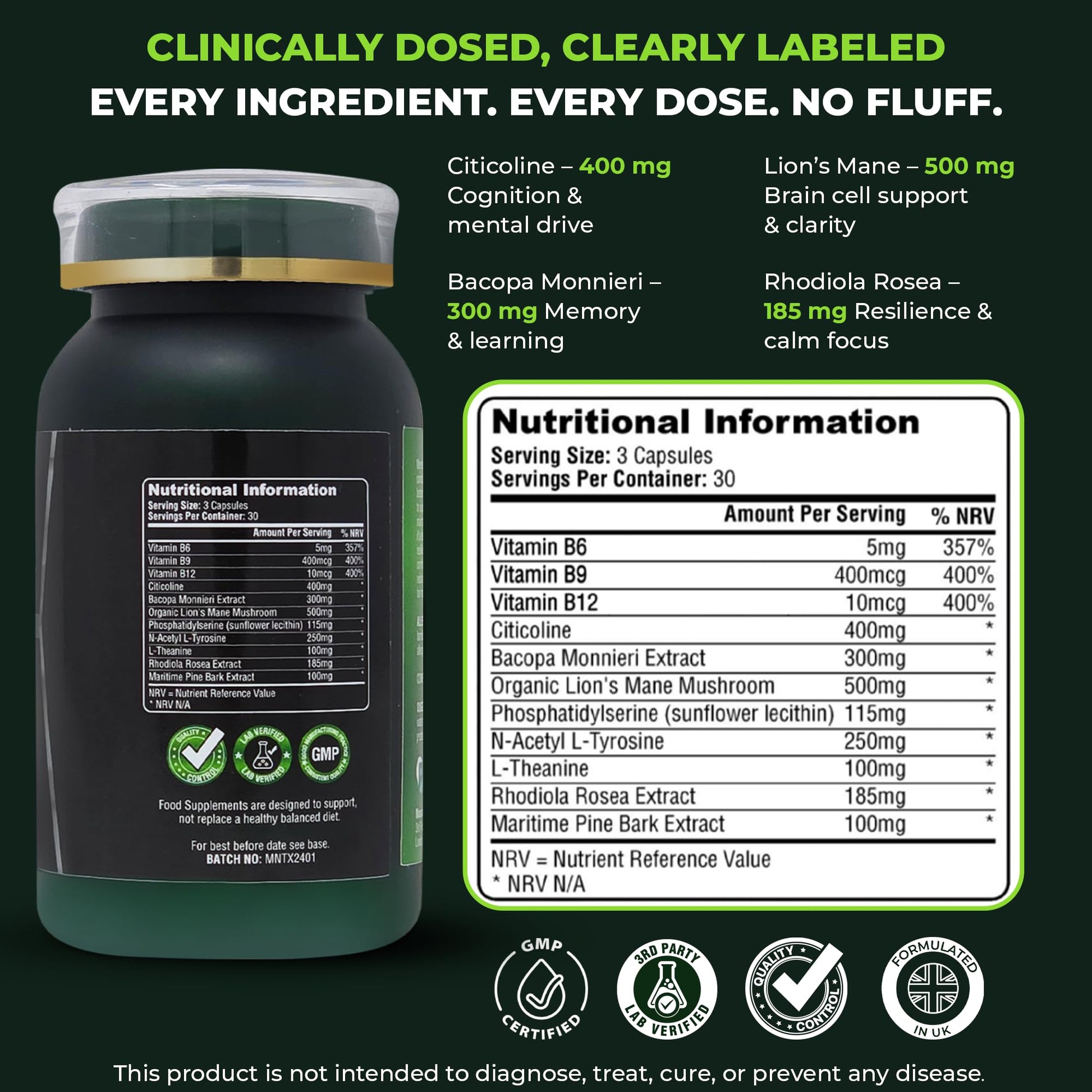 Mentex Nootropics Brain Support Supplement – Brain Supplement with Lion's Mane, Citicoline, Rhodiola & Bacopa – Cognitive Support for Focus, Memory & Mental Clarity – 90 Vegan Capsules - Medaid International