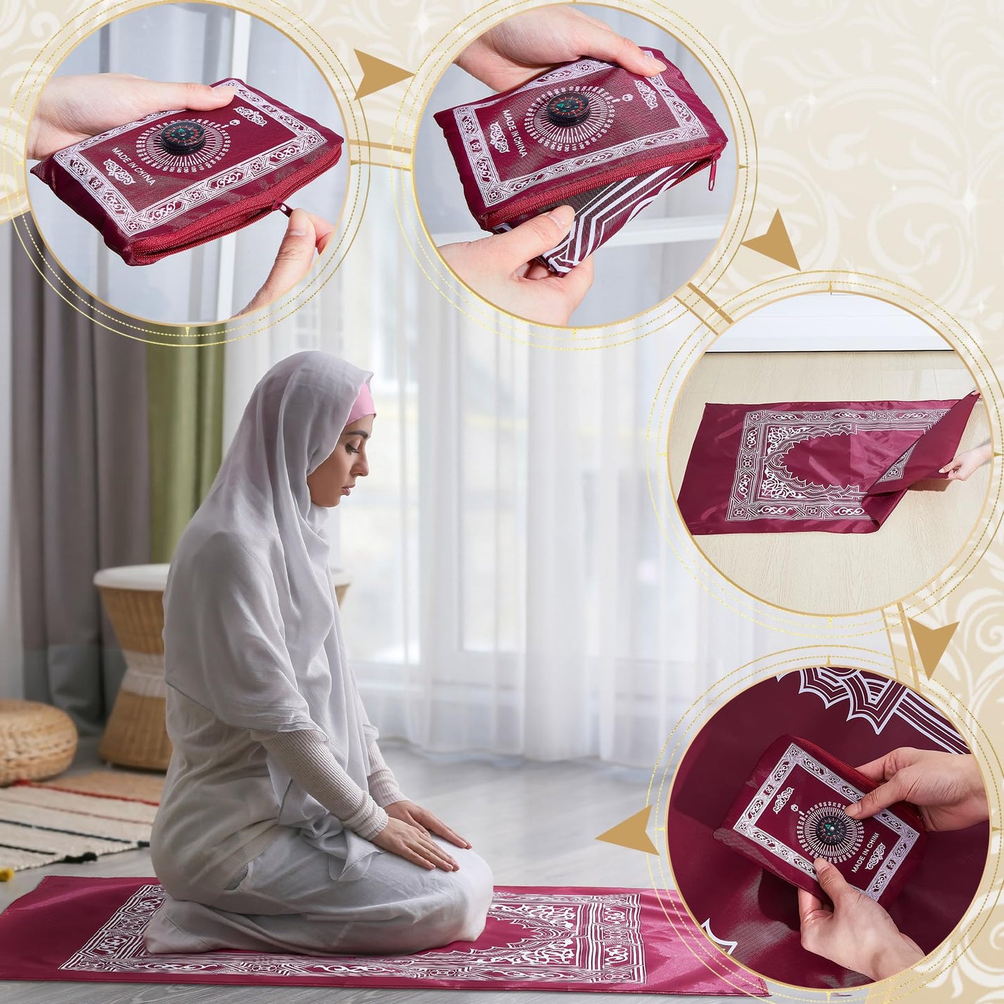 Mindsoft 16 Pcs Portable Travel Prayer Mat with Compass Islamic Waterproof Polyester Praying Rug with Pocket Sized Carry Bag for Muslim Ramada Eid Gifts (60 cm x 100 Cm) - Medaid International