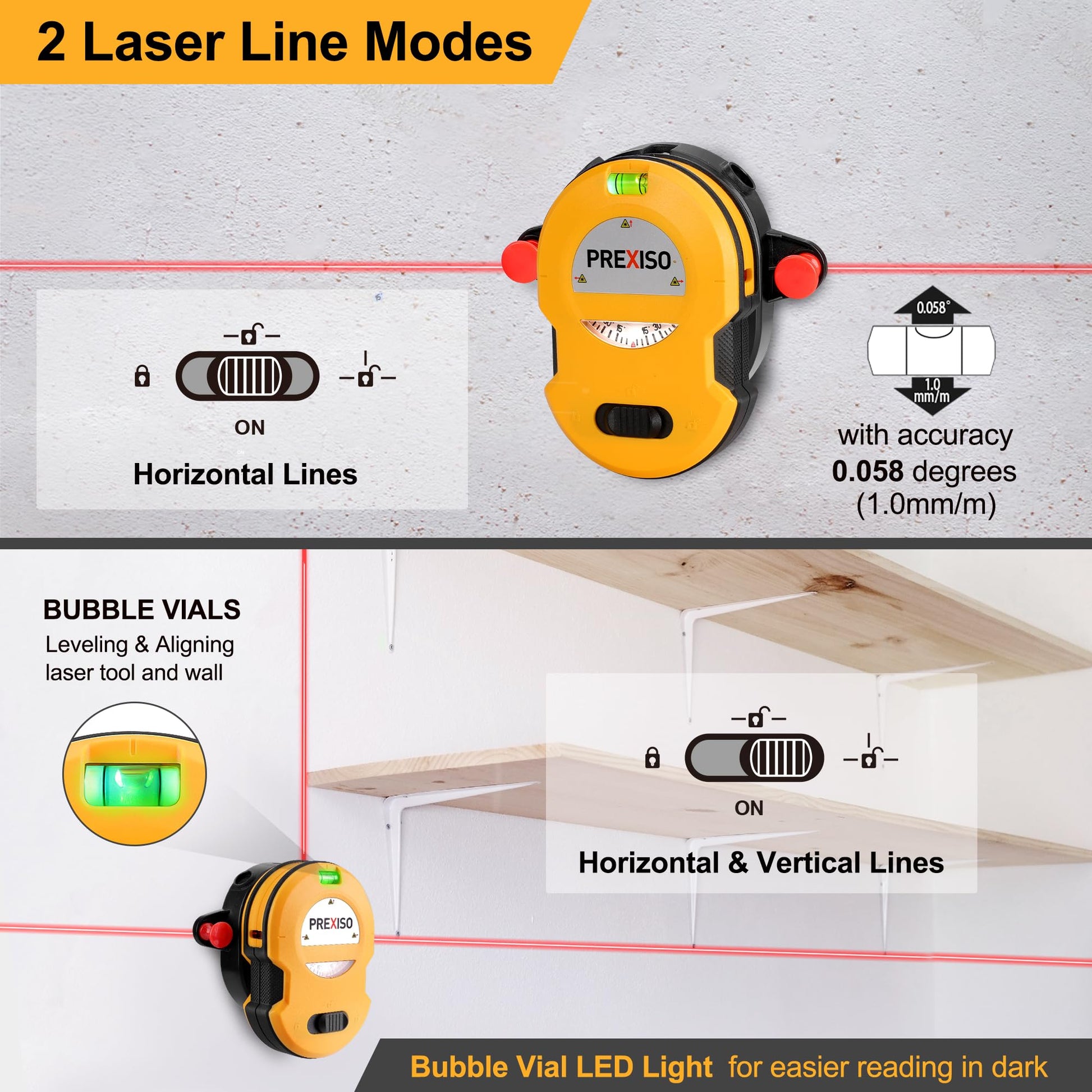 PREXISO Multi Surface Laser Level LED Light Vial, 30Ft Horizontal & Vertical Line Laser with Wall Mount Base, 2 Pins, 10 Sticker, 2 AA Batteries for Hanging Frames & Picture, Construction Wall Writing - Medaid International
