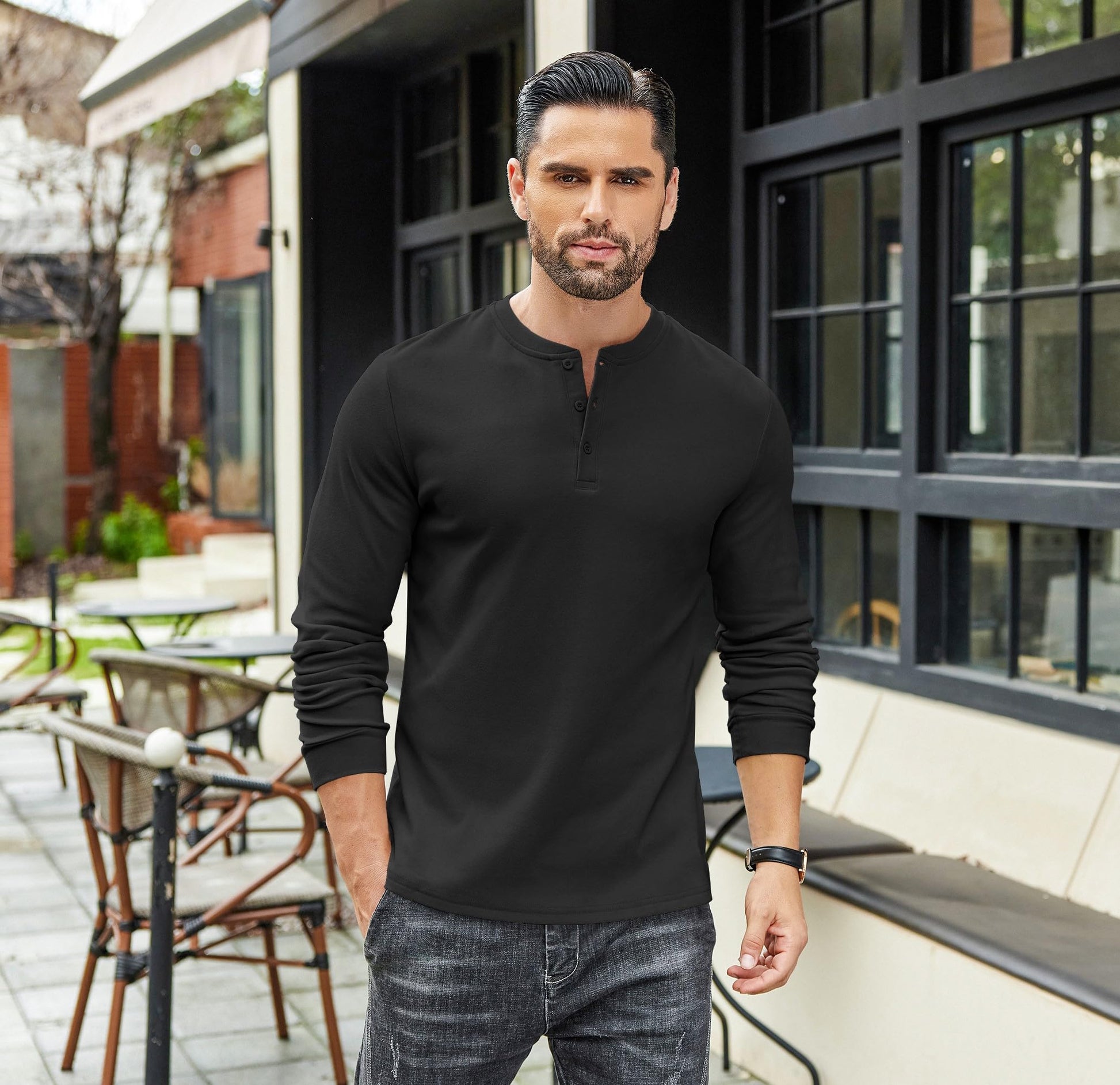 COOFANDY Mens Long Sleeve Henley T-Shirts Basic Thermal Pullover Stretch Tee Shirts Fashion Casual Tops Black - Medaid International