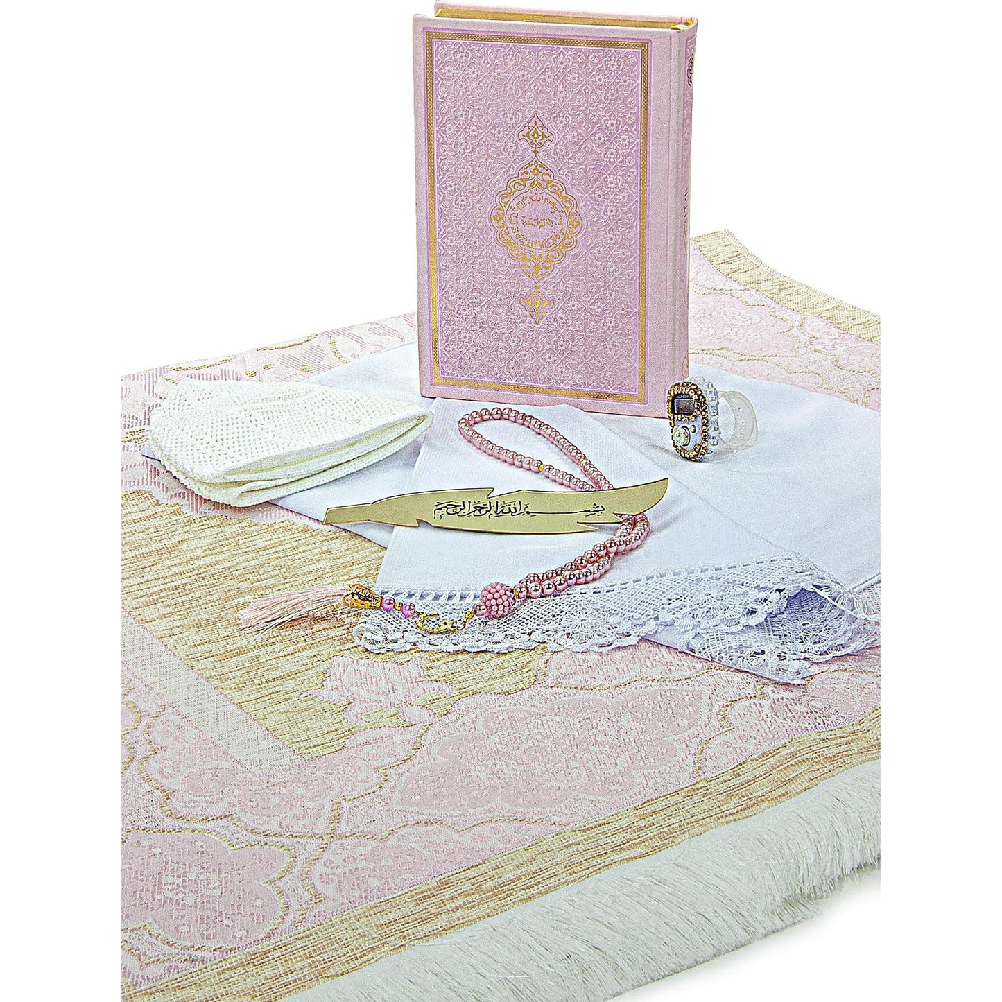 ihvan online Muslim Prayer Rug Set, Islamic Dowry Gift Box for Men & Women, Shawl, Kufi Hat, Digital Beads Counter, Quran Gift, Elegant Islamic Gifts Set for Ramadan & Eid & Wedding, Pink - Medaid International