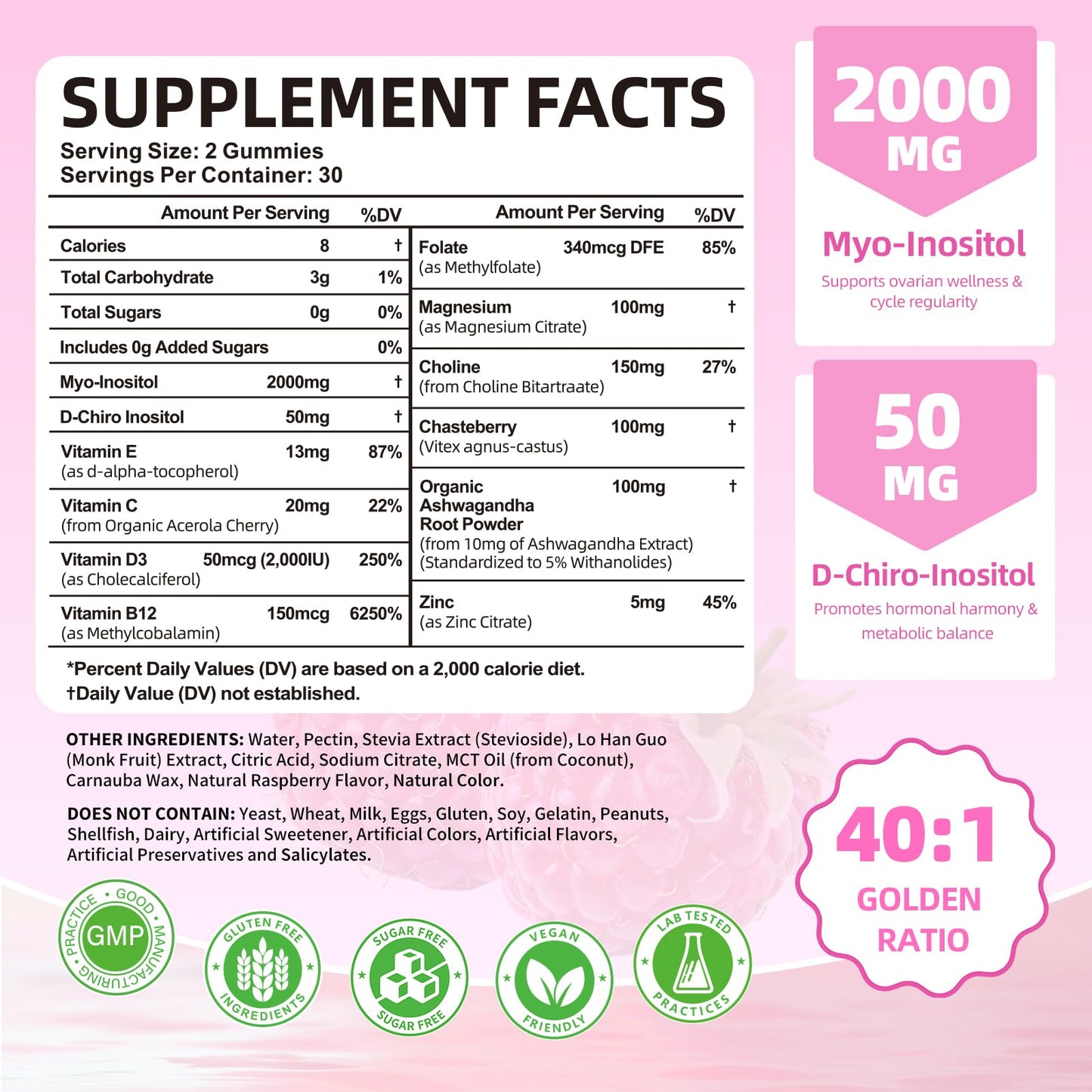 Mchokuu Myo-Inositol & D-Chiro Inositol Gummies, Ideal 40:1 Ratio Supplement for Women 2000mg 50mg with Vitamin D3 B12 for Hormonal Balance & Ovarian Health, Sugar Free, Raspberry Flavor, 60 Count - Medaid International