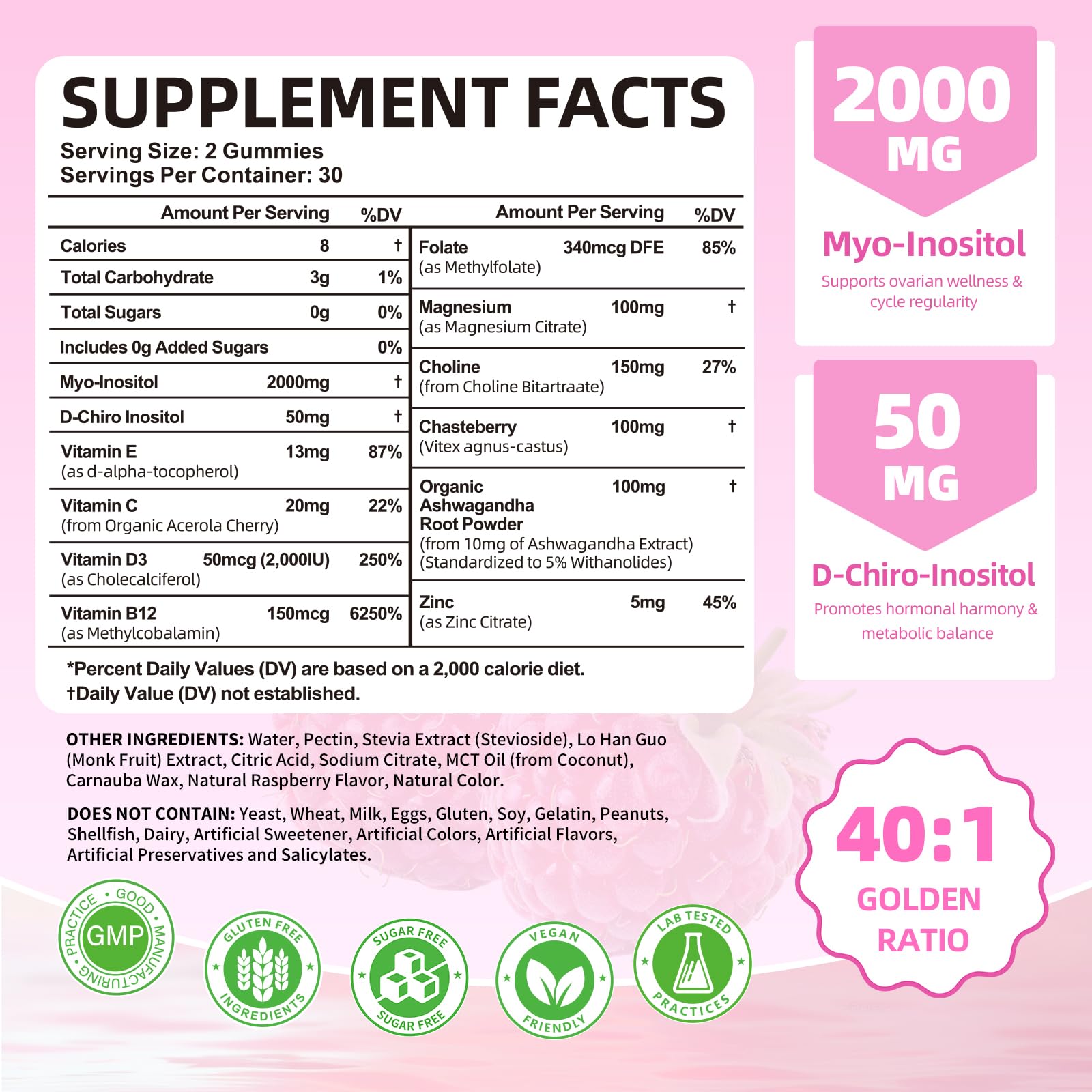 Mchokuu Myo-Inositol & D-Chiro Inositol Gummies, Ideal 40:1 Ratio Supplement for Women 2000mg 50mg with Vitamin D3 B12 for Hormonal Balance & Ovarian Health, Sugar Free, Raspberry Flavor, 60 Count - Medaid International