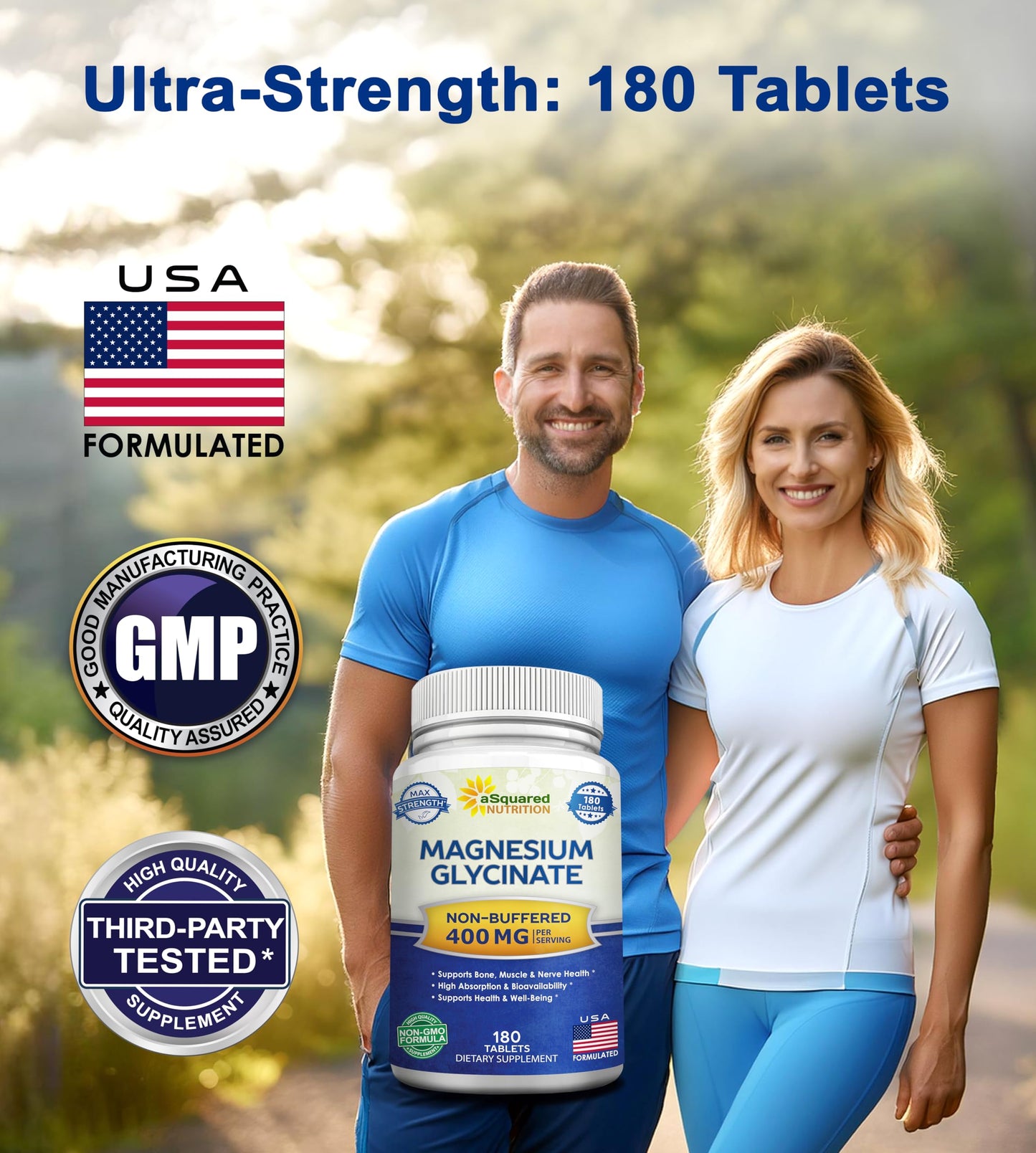 aSquared Nutrition Magnesium Glycinate 400mg - 180 Tablets - Max Strength Magnesium Bisglycinate Supplement -Maximum Bioavailability & Absorption-Non-GMO -Not Buffered-Supports Muscles, Bones & Heart - Medaid International