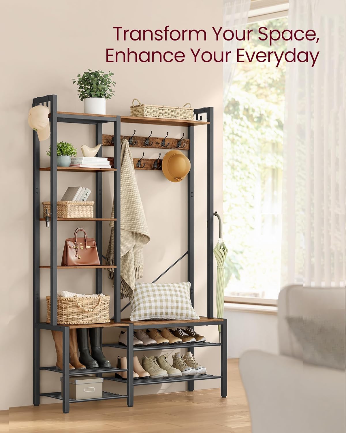 VASAGLE Hall Tree with Bench and Shoe Storage HSR426B01