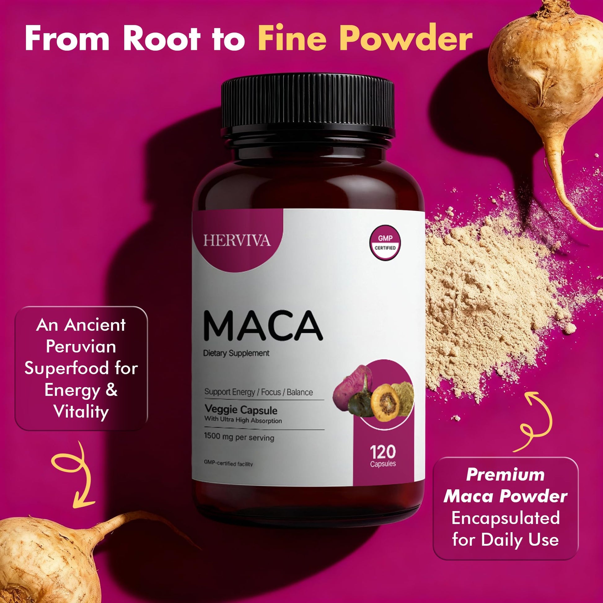 HERVIVA Maca Root Capsules for Women & Men – Maca Root Powder 1500mg per Serving – Vegan Veggie Capsules - Medaid International