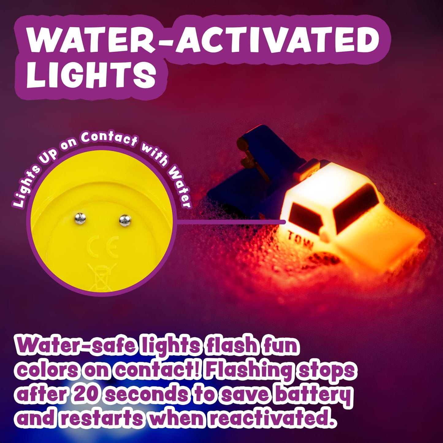 Tub Works® Emergency™ Cars Light Up Bath Toys, 6 Pack | Water-Activated Light Up Toys Flash & Change Color | Soft, Squeezable Baby & Toddler Bath Toys | Sensory Toys with Bath Lights for Kids Bath - Medaid International