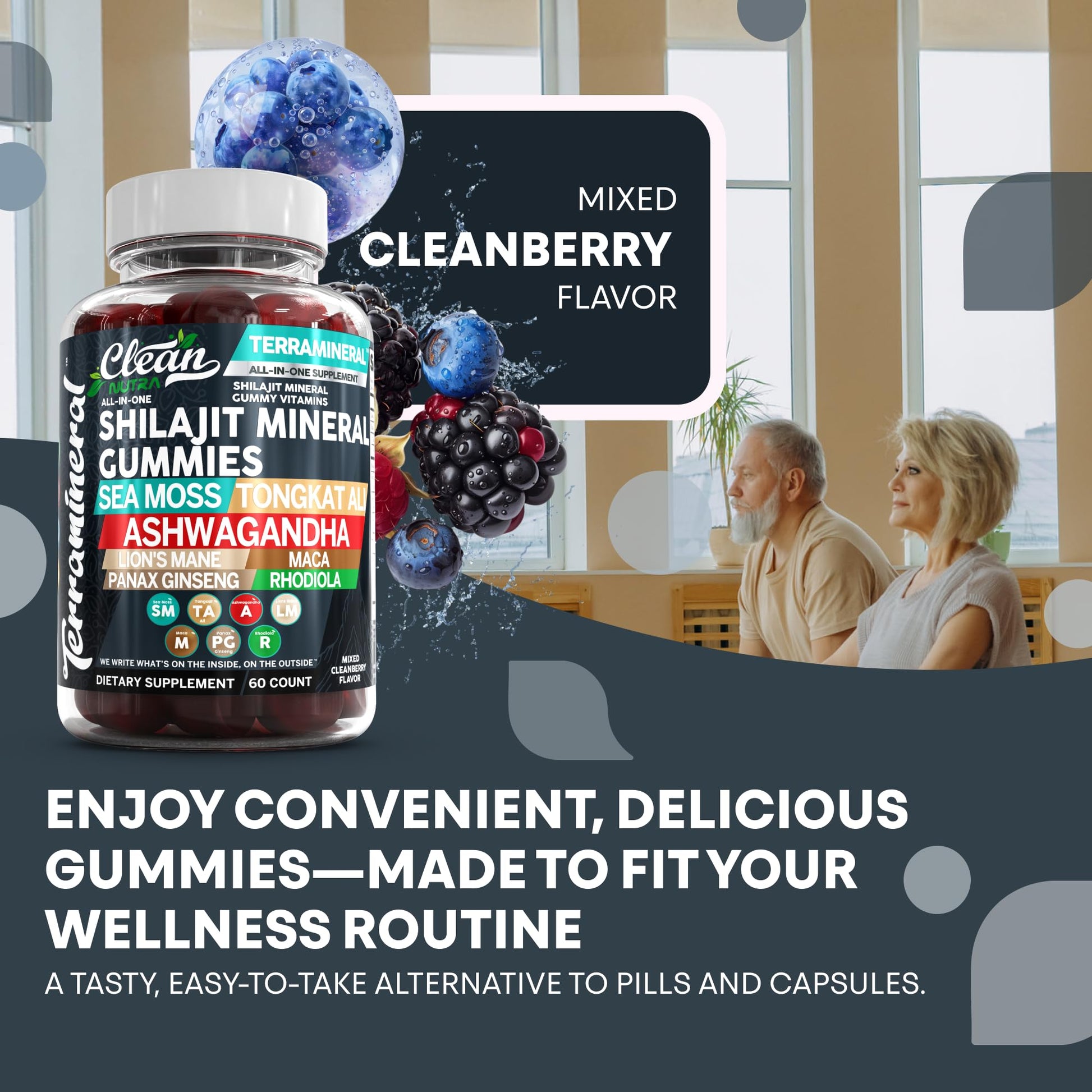 Terramineral Shilajit Gummies with Irish Sea Moss Tongkat Ali Ashwagandha Lion's Mane MACA Panax Ginseng Rhodiola & Cordyceps by Clean Nutra (1) - Medaid International