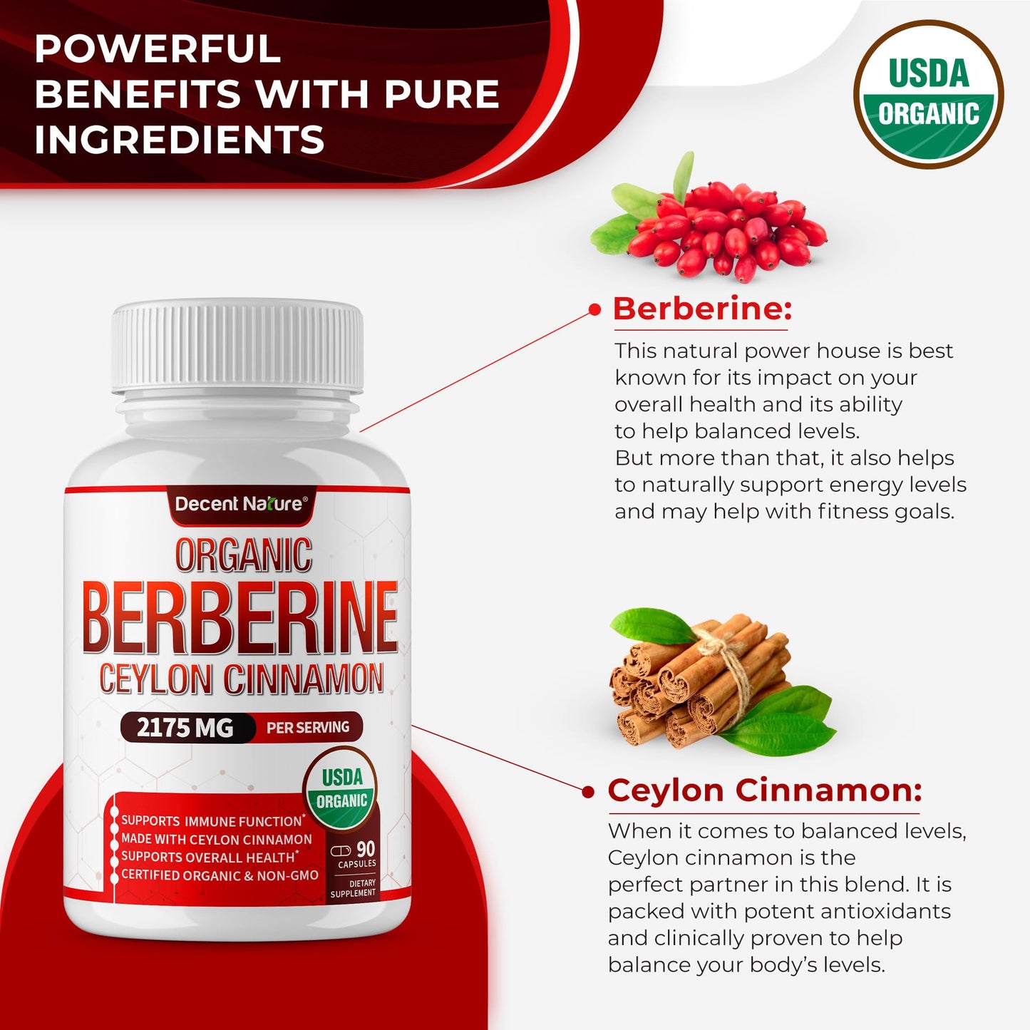 Organic Berberine with Ceylon Cinnamon 2175mg - Premium berberine supplement high purity extract USDA Organic, support immune system, Berberine Plus Complex, Non-GMO Vegan for Men Women 90 Capsules - Medaid International