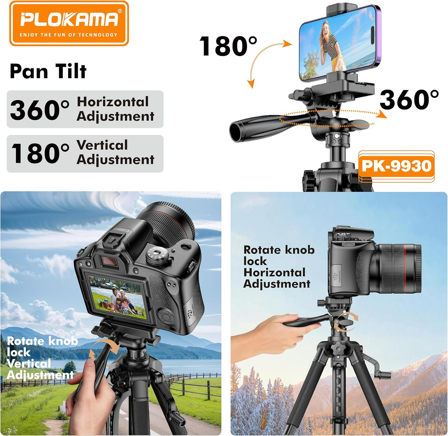 PLOKAMA Professional Tripod 150cm – 360° Rotation with Bluetooth Remote PK-9930