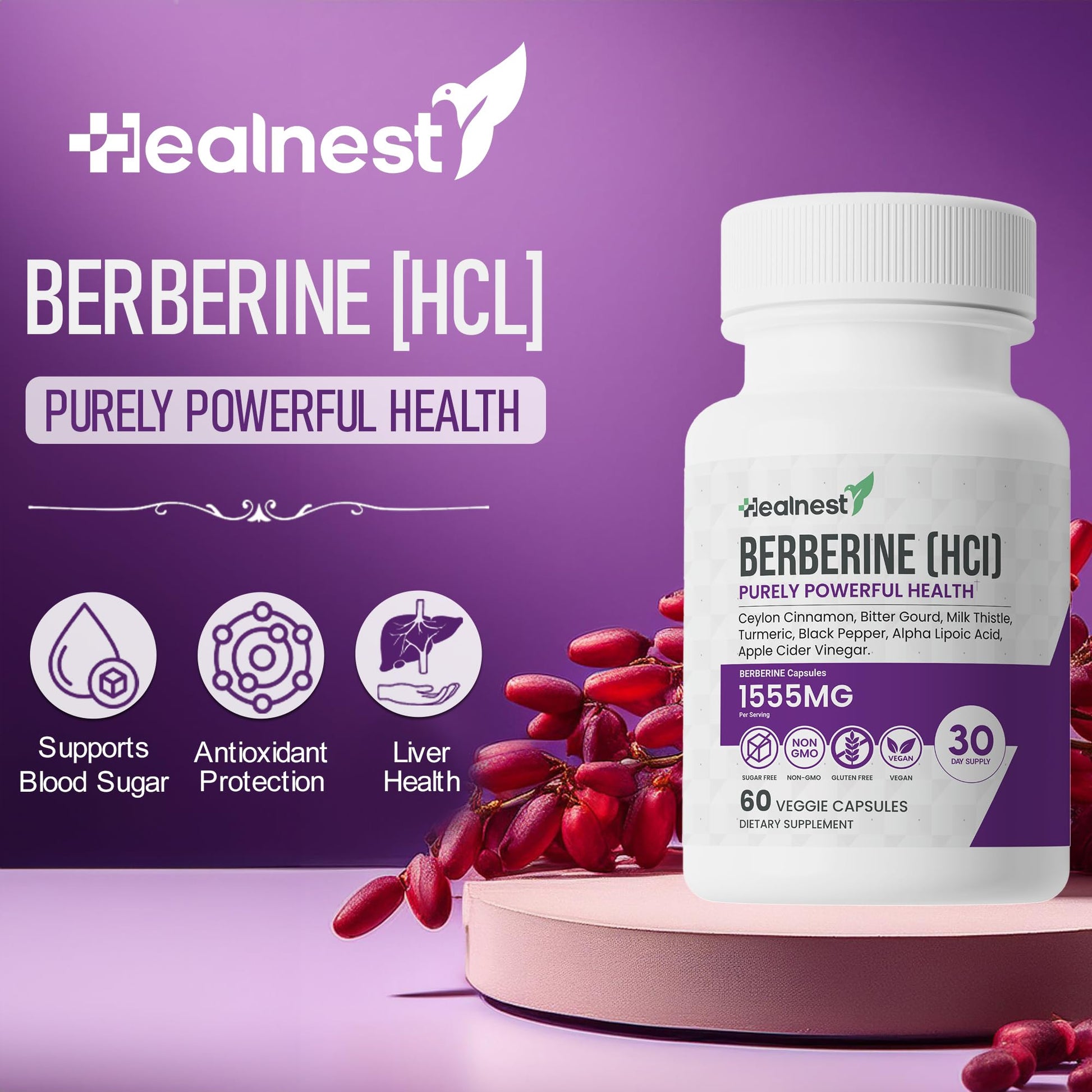 Berberine (HCI) 500mg - with Ceylon Cinnamon, Turmeric, Milk Thistle, Bitter Gourd, Alpha Lipoic Acid - Non-GMO, Gluten Free, 60 Vegan Capsules. - Medaid International